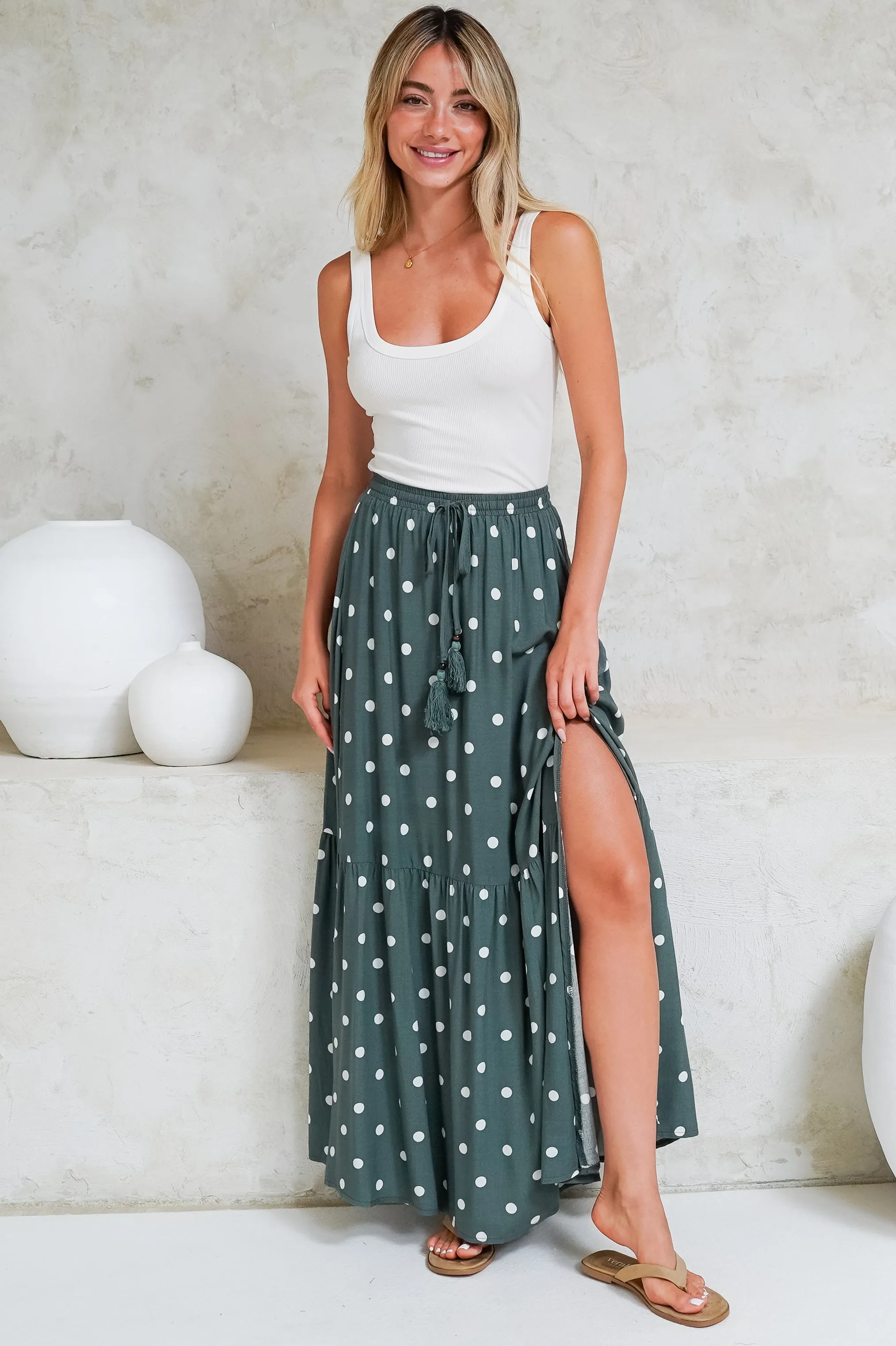 Hellen Maxi Skirt - High Waisted Skirt with Front Splits in Parisian Polka Print Khaki sold by Salty Crush product image thumbnail 4