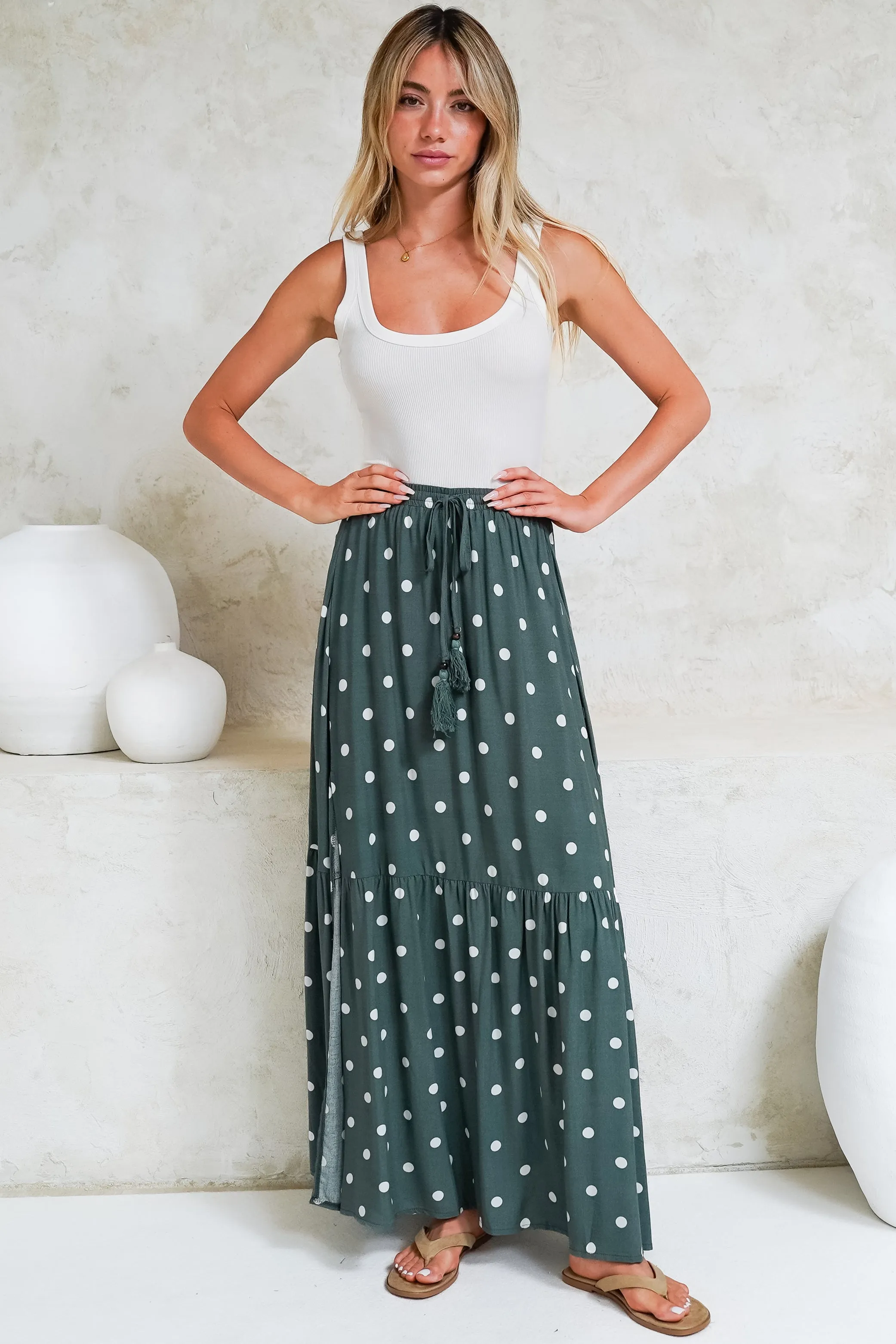 Hellen Maxi Skirt - High Waisted Skirt with Front Splits in Parisian Polka Print Khaki sold by Salty Crush product image thumbnail 5