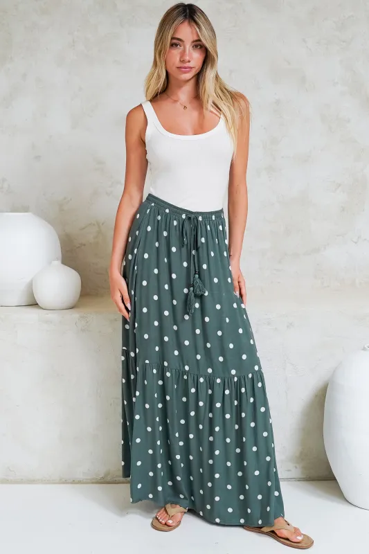 Hellen Maxi Skirt - High Waisted Skirt with Front Splits in Parisian Polka Print Khaki sold by Salty Crush