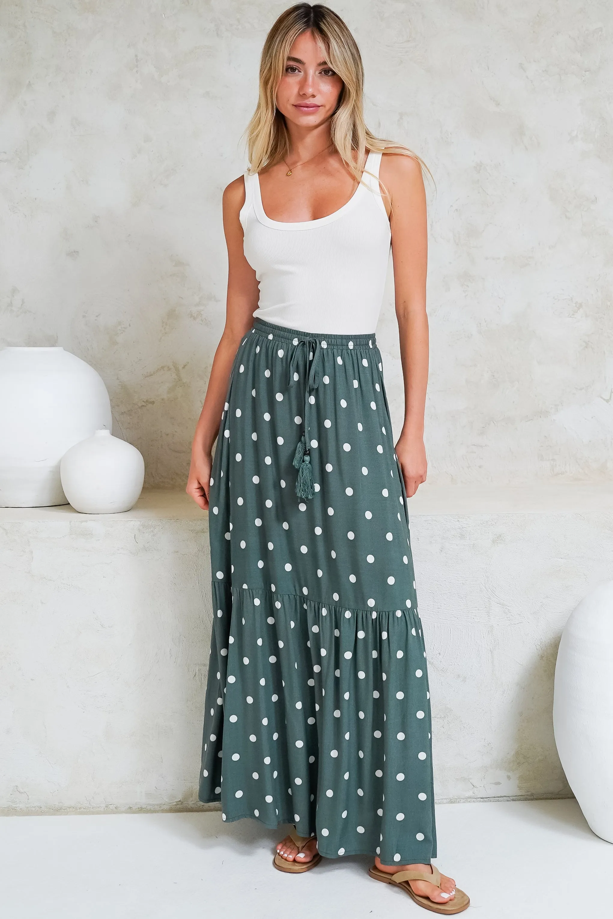 Hellen Maxi Skirt - High Waisted Skirt with Front Splits in Parisian Polka Print Khaki sold by Salty Crush product image thumbnail 3