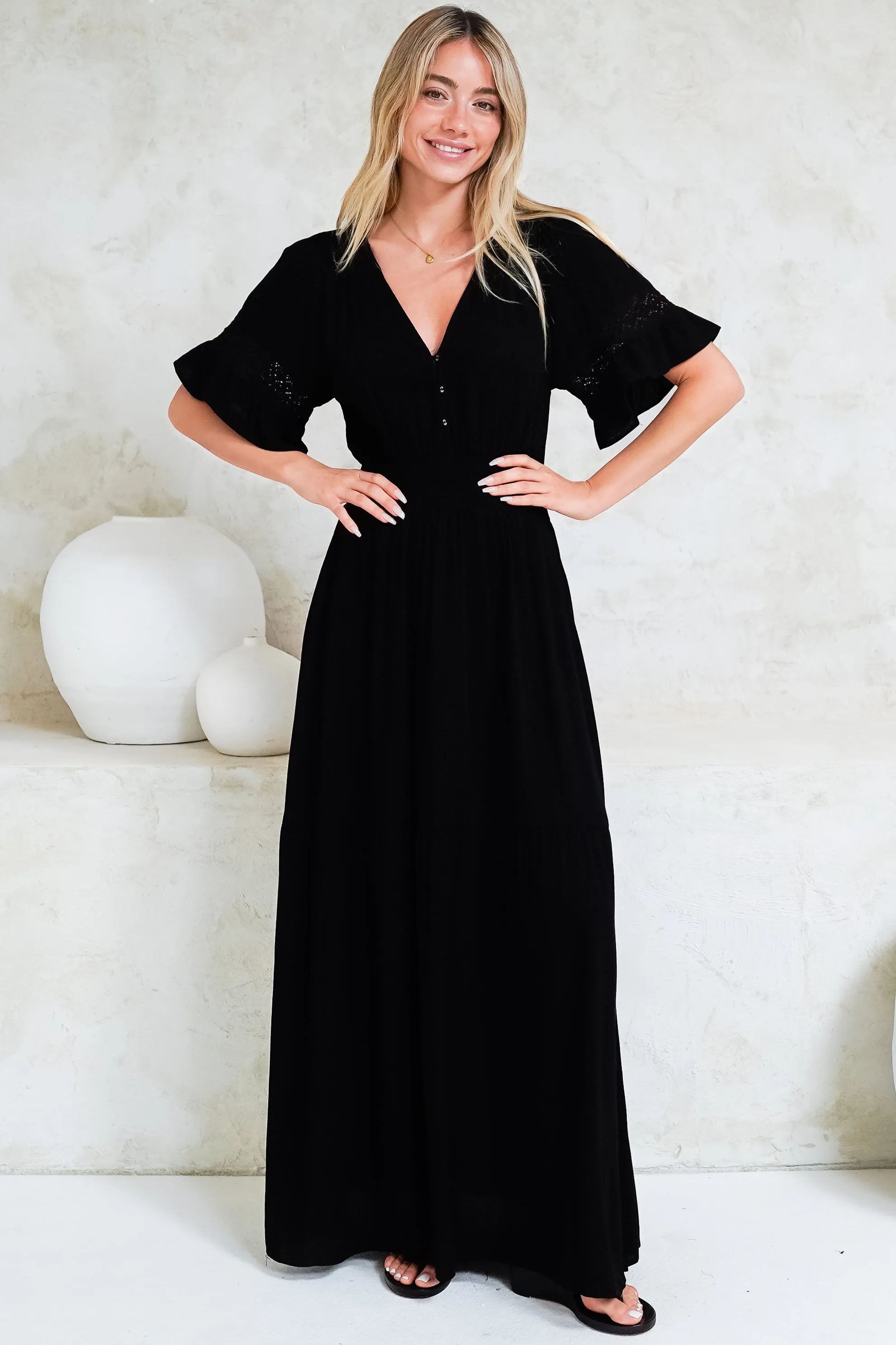 Alexandra Maxi Dress - Delicate Lace Detailed A-Line Dress with Short Sleeves in Black sold by Salty Crush product image thumbnail 4