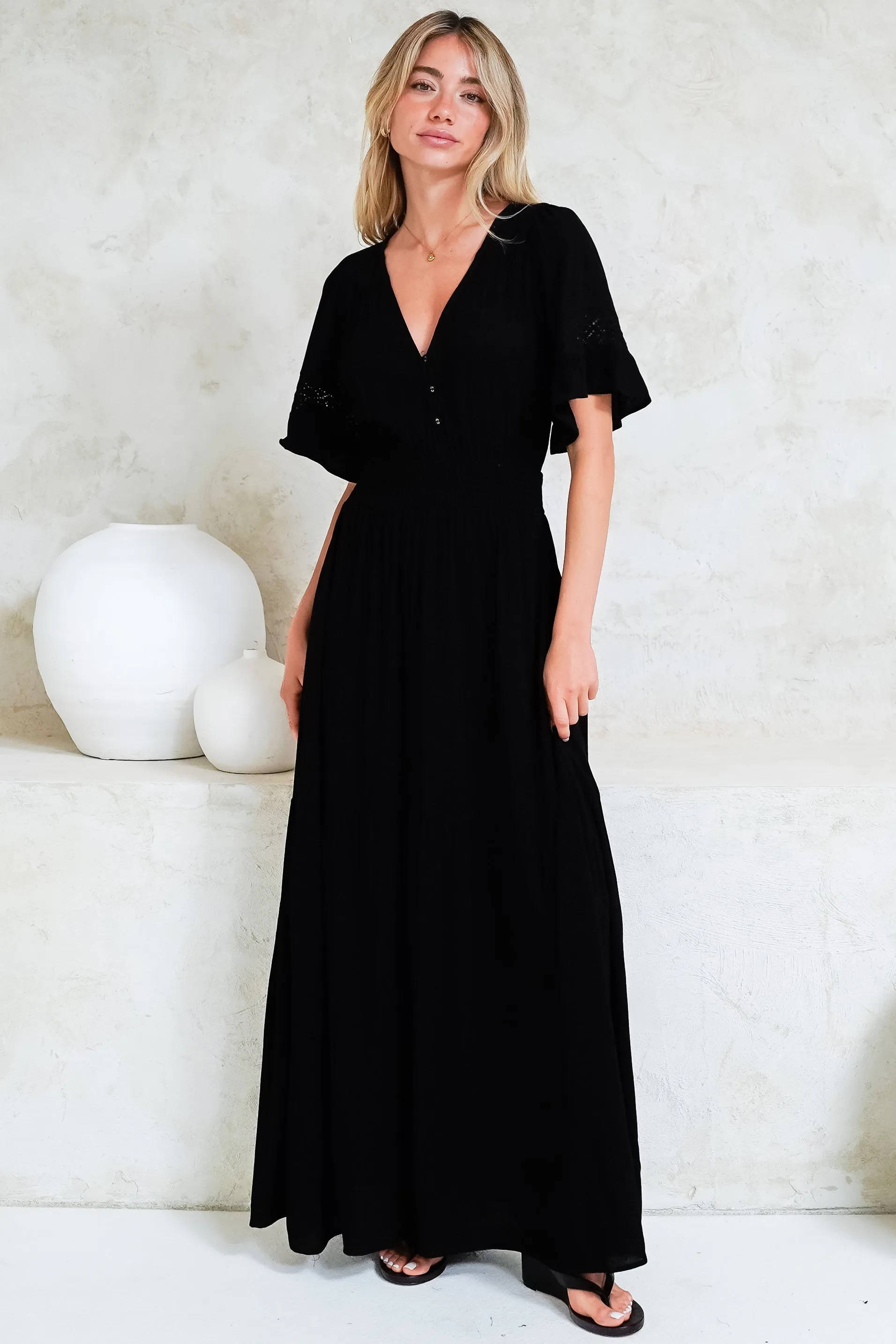 Alexandra Maxi Dress - Delicate Lace Detailed A-Line Dress with Short Sleeves in Black sold by Salty Crush product image thumbnail 5