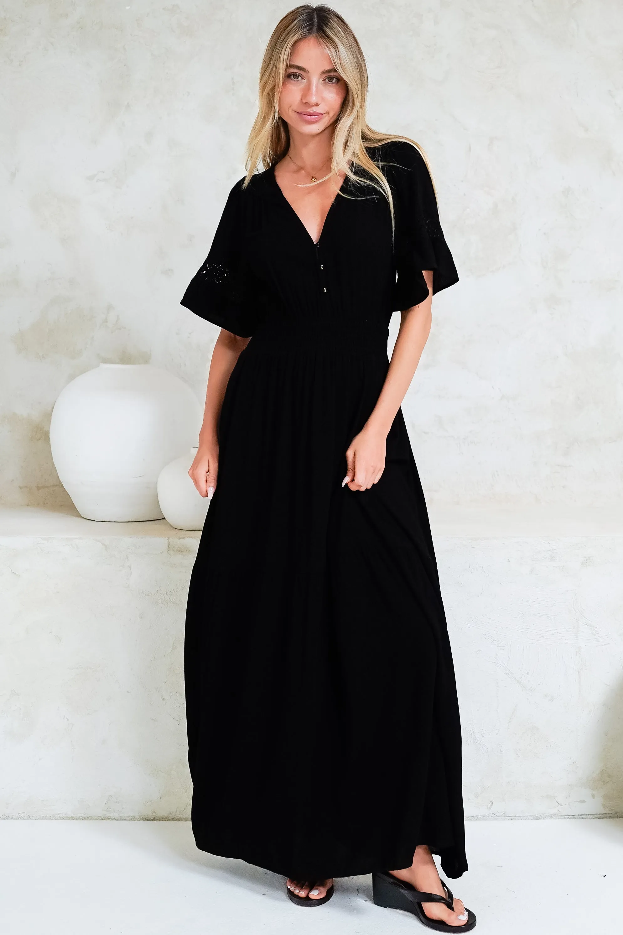 Alexandra Maxi Dress - Delicate Lace Detailed A-Line Dress with Short Sleeves in Black sold by Salty Crush product image thumbnail 2