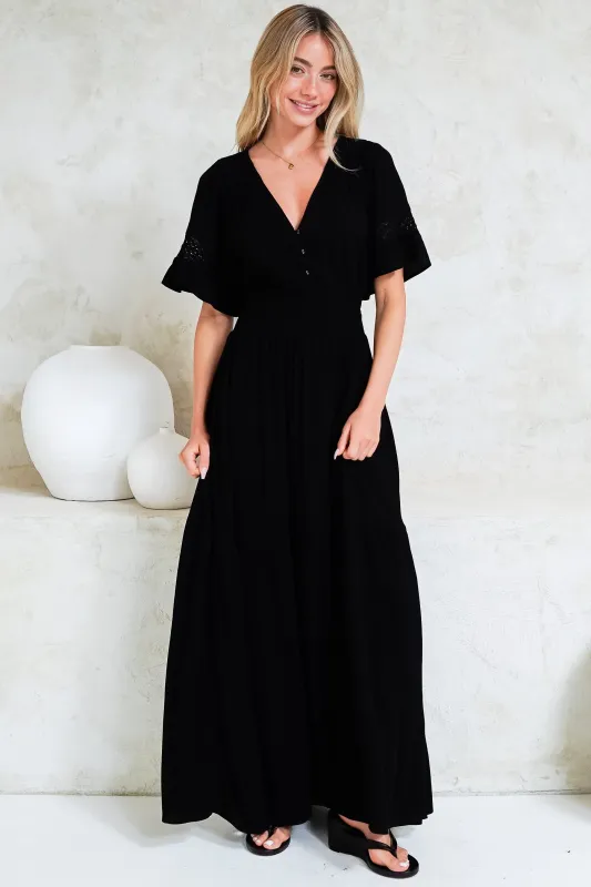 Alexandra Maxi Dress - Delicate Lace Detailed A-Line Dress with Short Sleeves in Black sold by Salty Crush