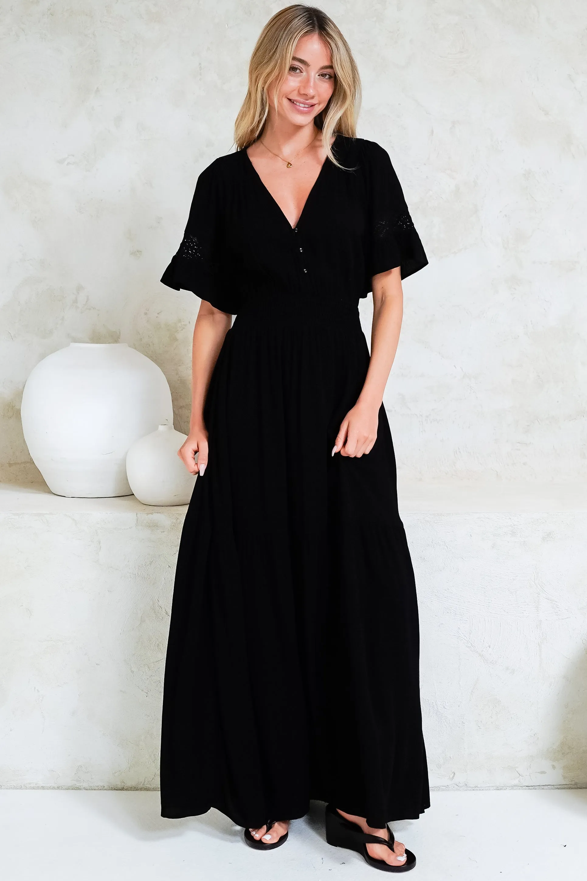 Alexandra Maxi Dress - Delicate Lace Detailed A-Line Dress with Short Sleeves in Black sold by Salty Crush