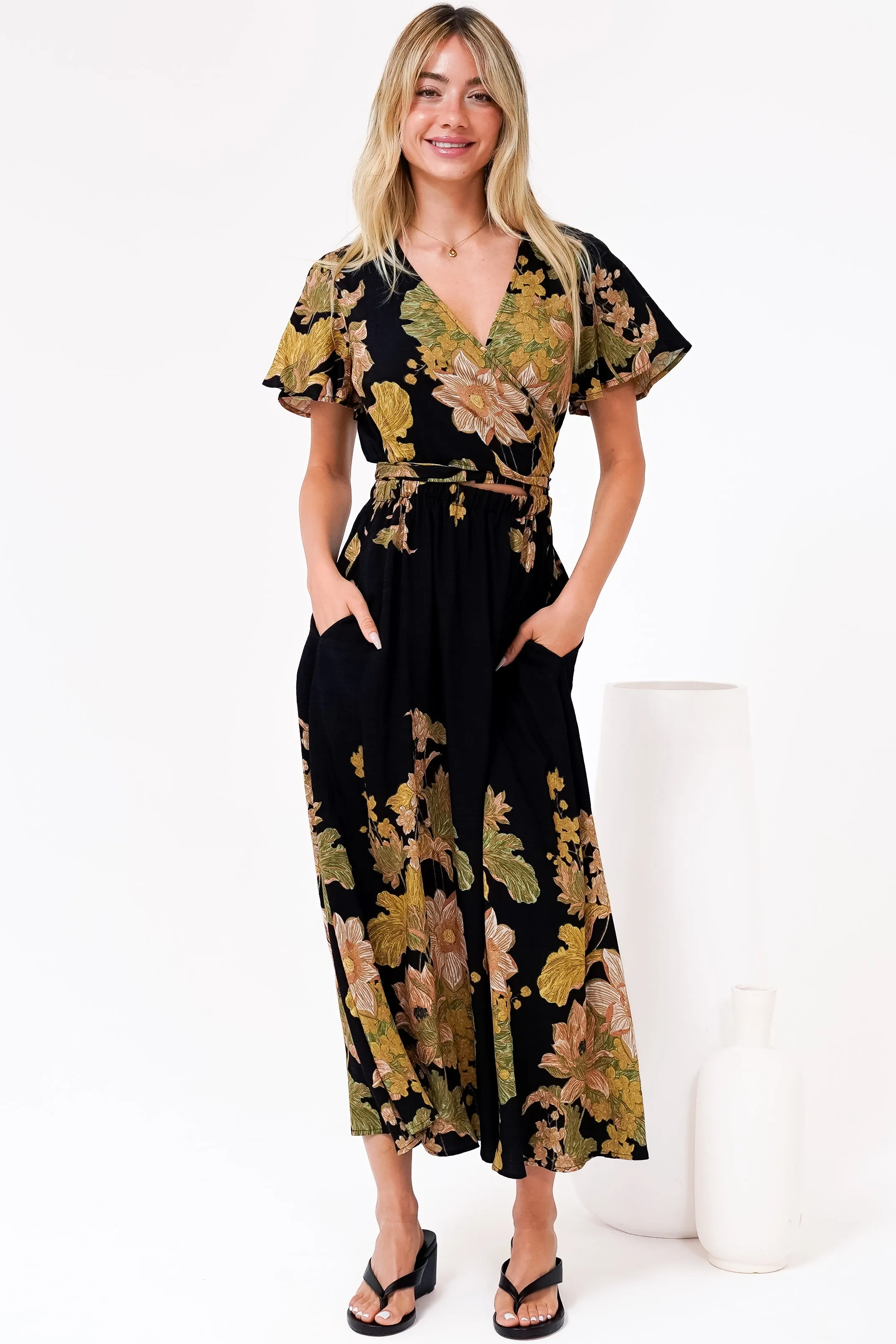 Liona Midi Dress - Multi Tie Flutter Sleeve Dress in Ellody Print sold by Salty Crush product image thumbnail 2