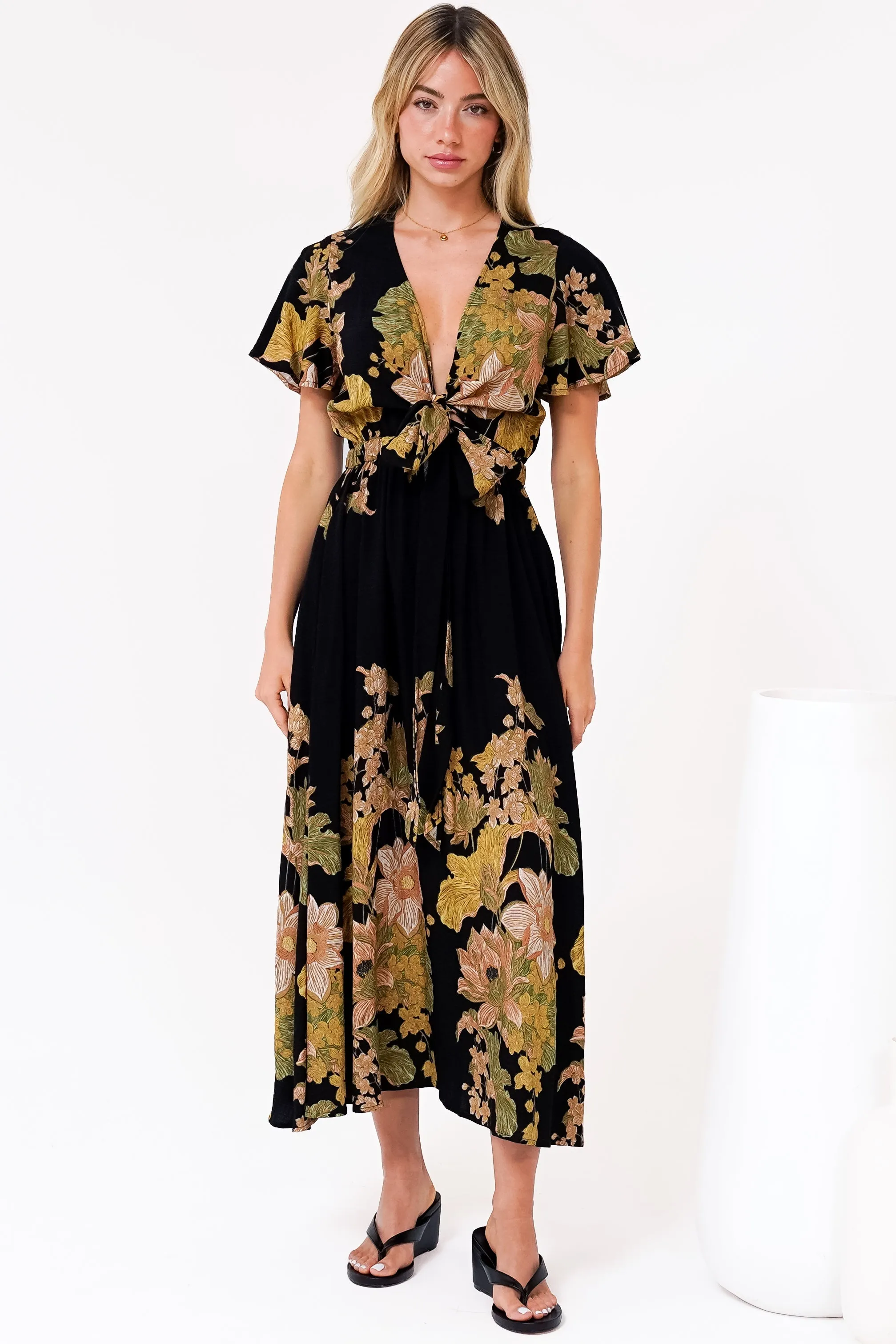 Liona Midi Dress - Multi Tie Flutter Sleeve Dress in Ellody Print sold by Salty Crush