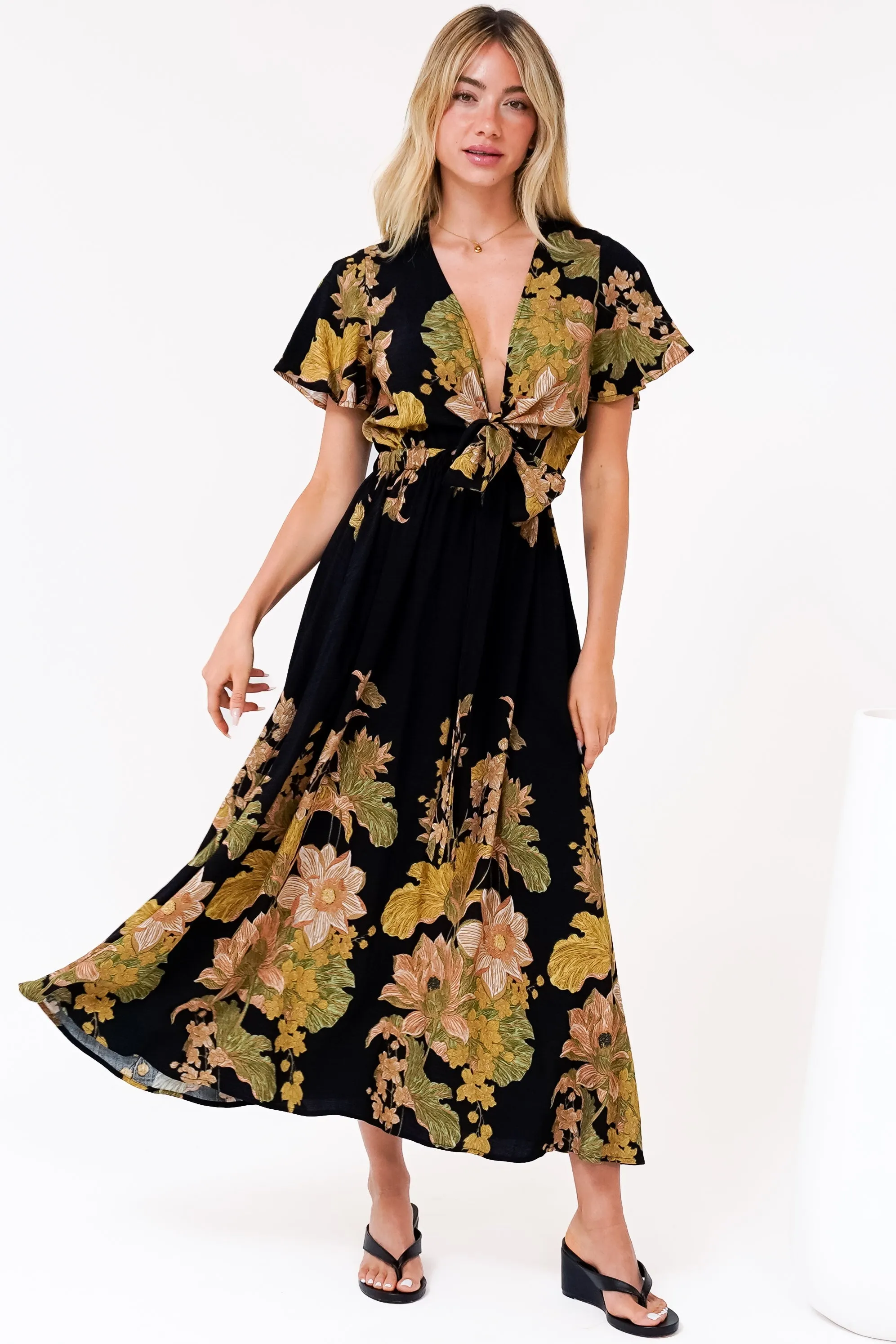 Liona Midi Dress - Multi Tie Flutter Sleeve Dress in Ellody Print sold by Salty Crush product image thumbnail 4