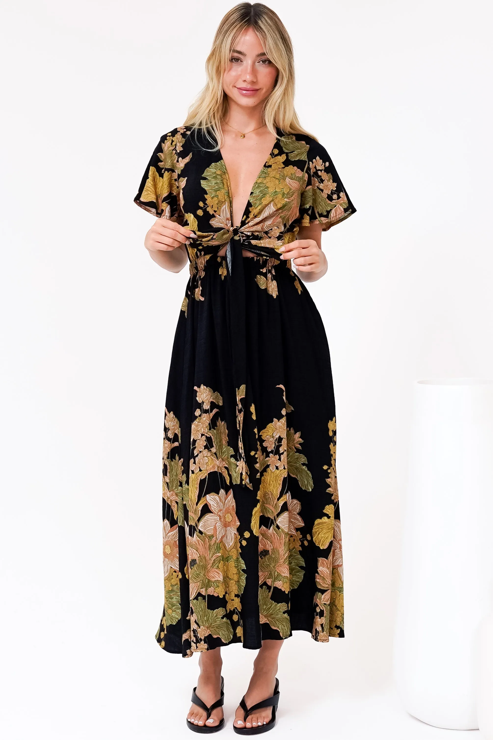 Liona Midi Dress - Multi Tie Flutter Sleeve Dress in Ellody Print sold by Salty Crush product image thumbnail 3