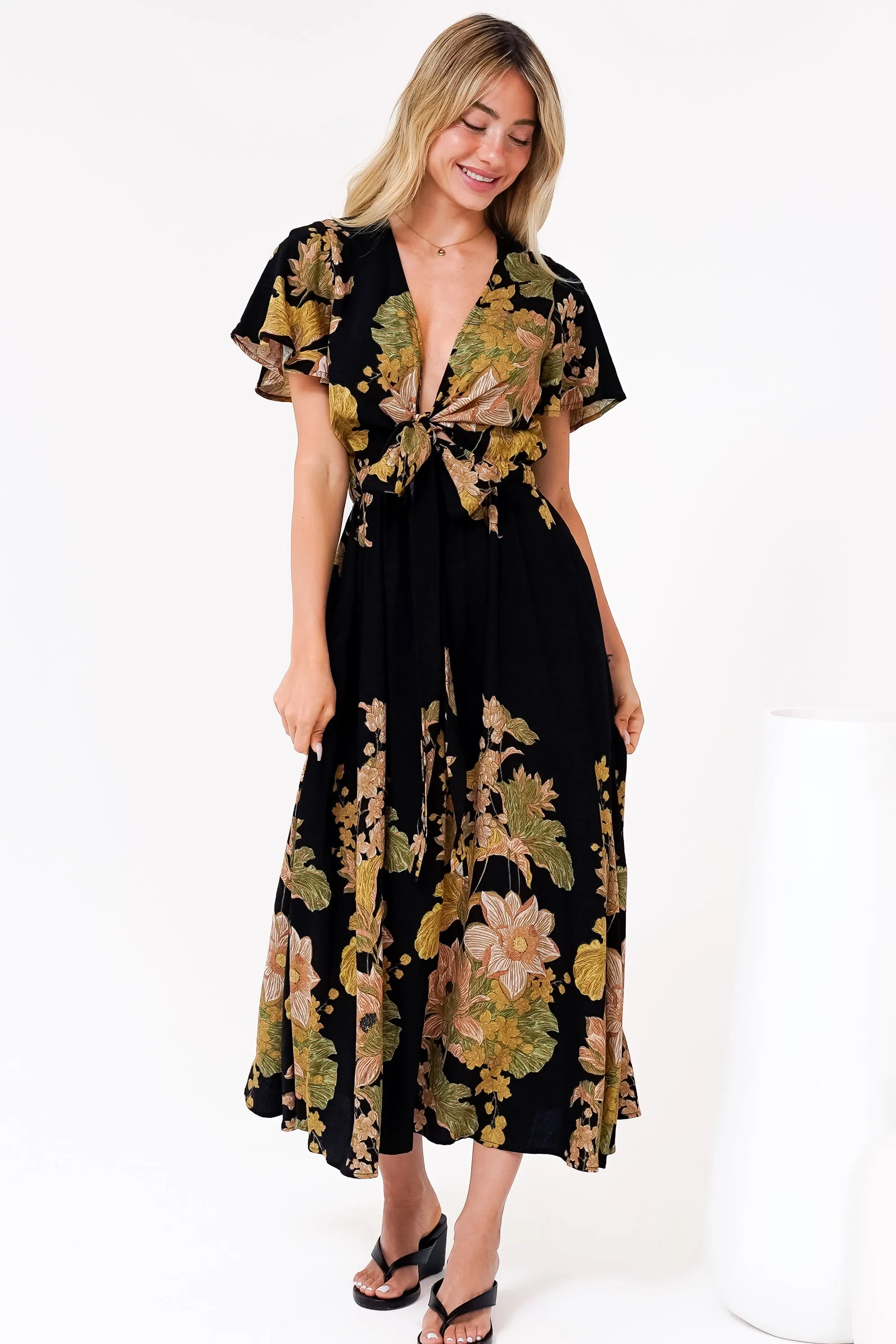 Liona Midi Dress - Multi Tie Flutter Sleeve Dress in Ellody Print sold by Salty Crush product image thumbnail 5