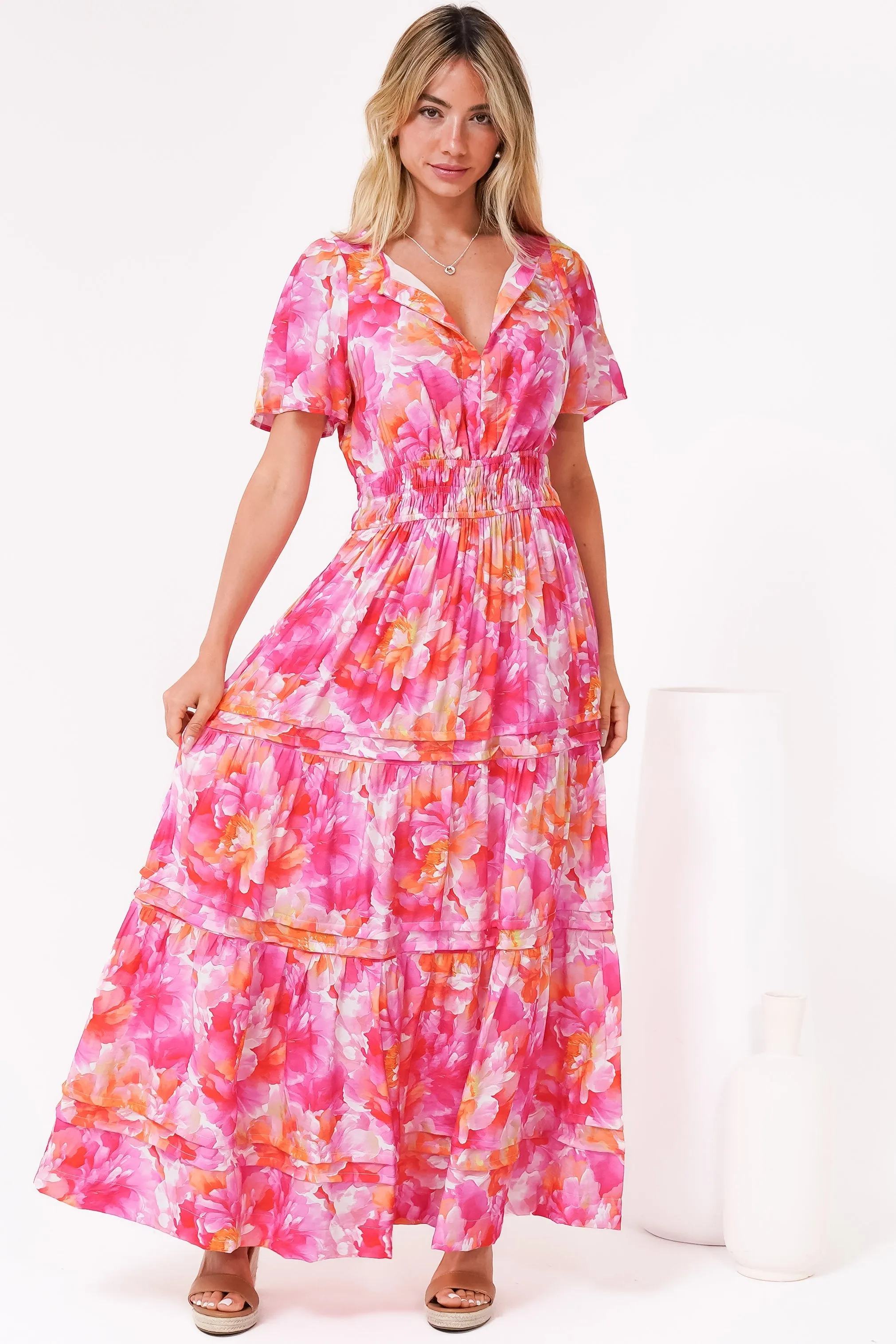 Payton Maxi Dress - Pleat Detailed A-Line Dress with Cap Flutter Sleeves in Florida Print Pink sold by Salty Crush product image thumbnail 2