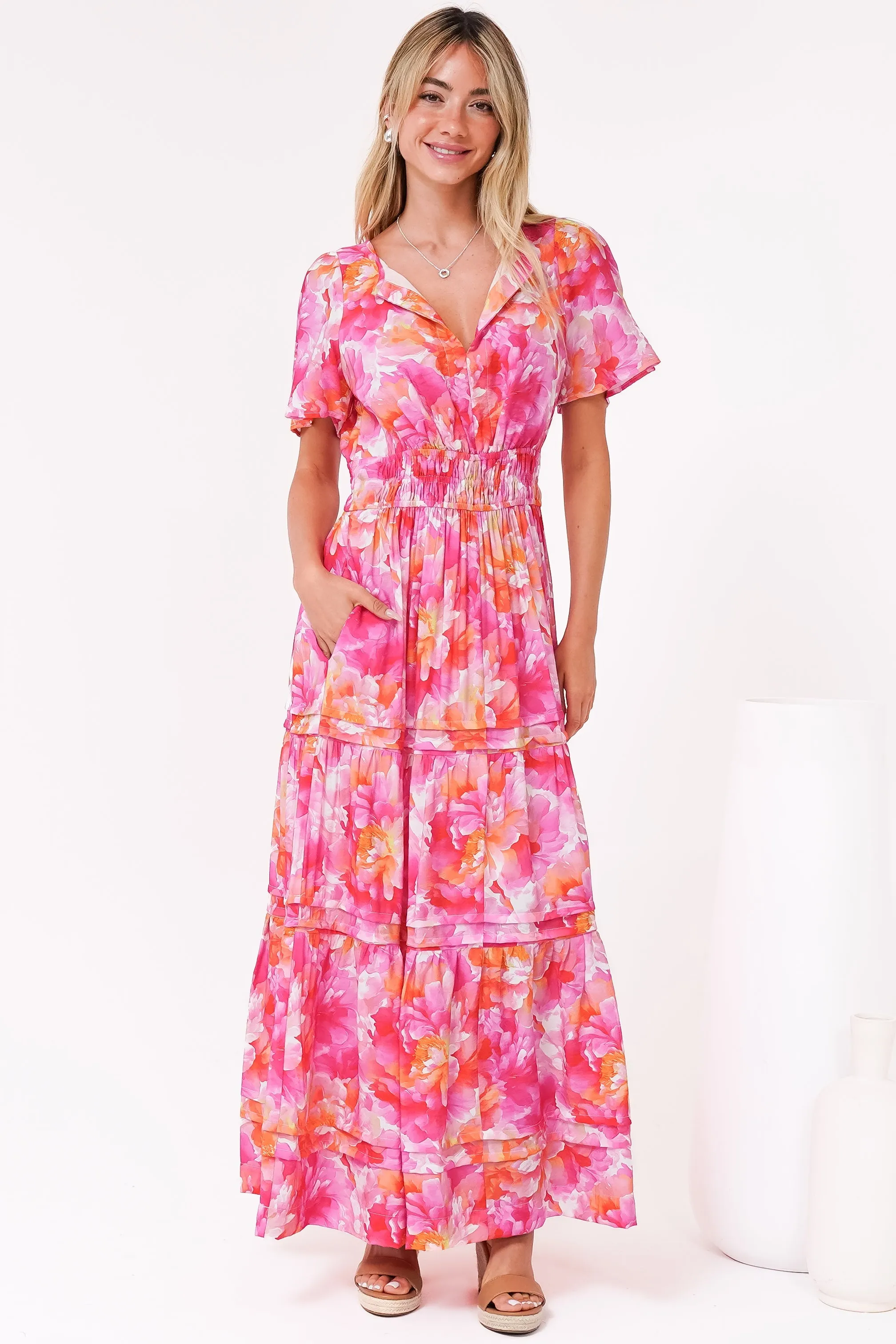 Payton Maxi Dress - Pleat Detailed A-Line Dress with Cap Flutter Sleeves in Florida Print Pink sold by Salty Crush product image thumbnail 4
