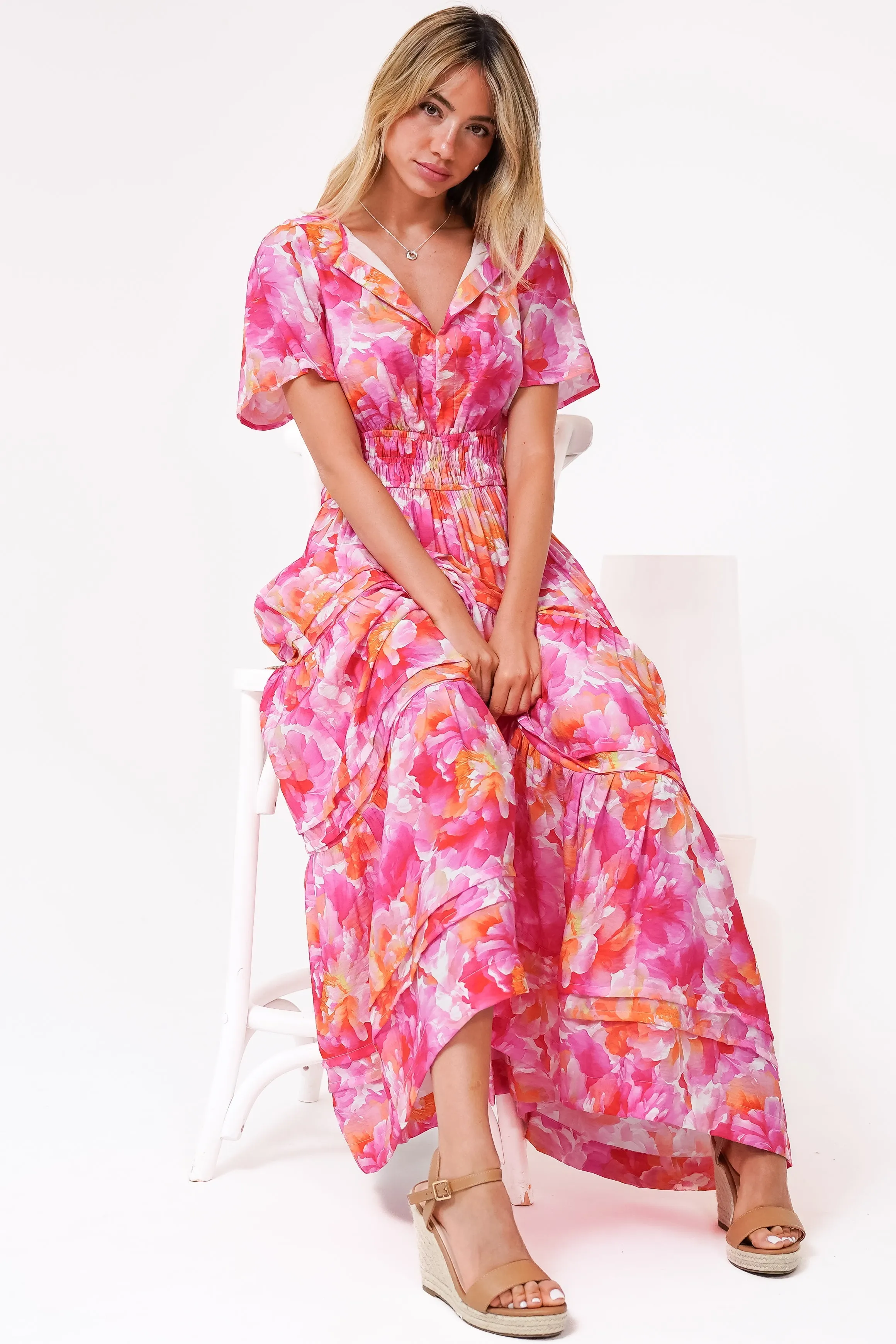 Payton Maxi Dress - Pleat Detailed A-Line Dress with Cap Flutter Sleeves in Florida Print Pink sold by Salty Crush product image thumbnail 3