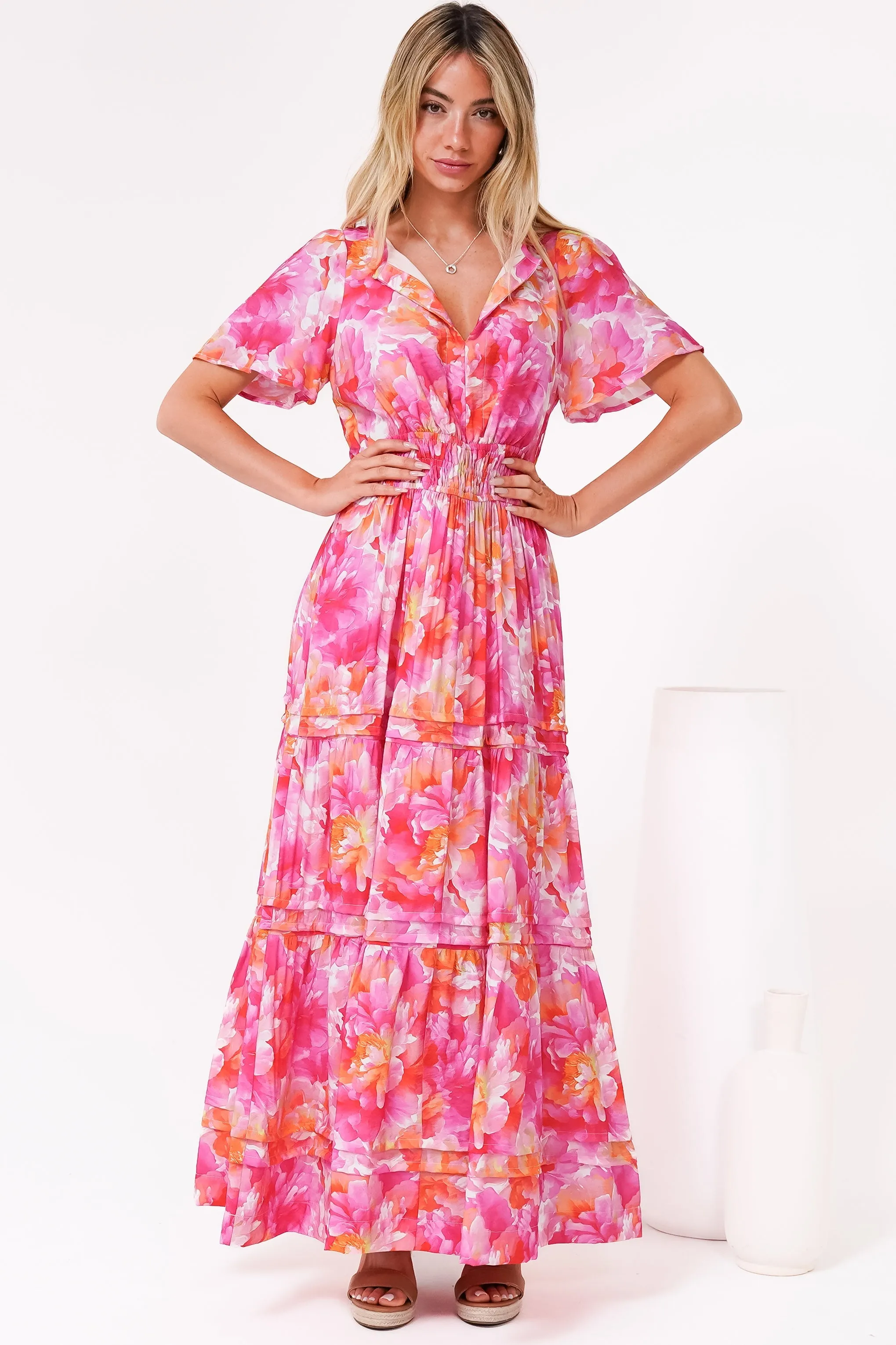 Payton Maxi Dress - Pleat Detailed A-Line Dress with Cap Flutter Sleeves in Florida Print Pink sold by Salty Crush