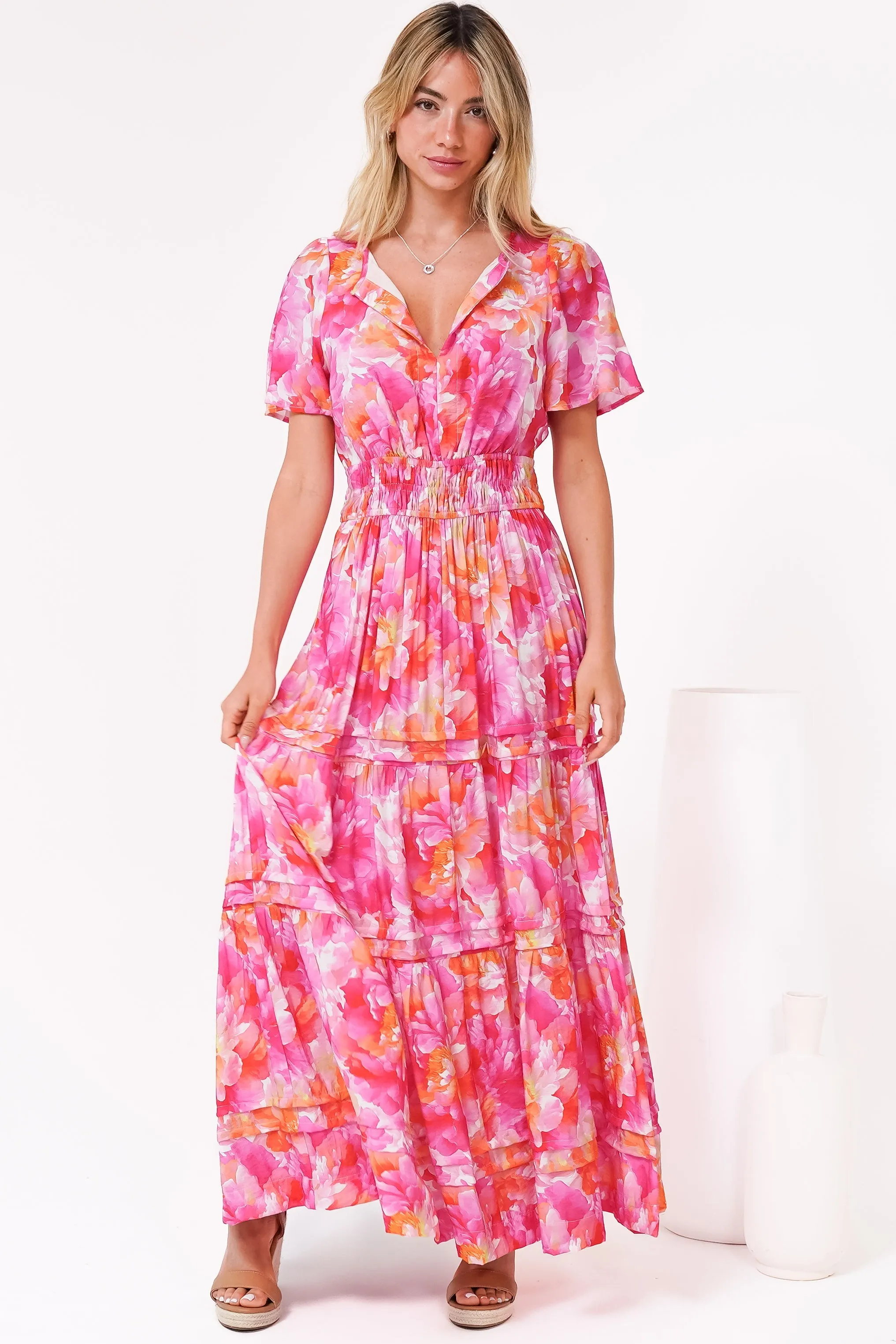 Payton Maxi Dress - Pleat Detailed A-Line Dress with Cap Flutter Sleeves in Florida Print Pink sold by Salty Crush product image thumbnail 5