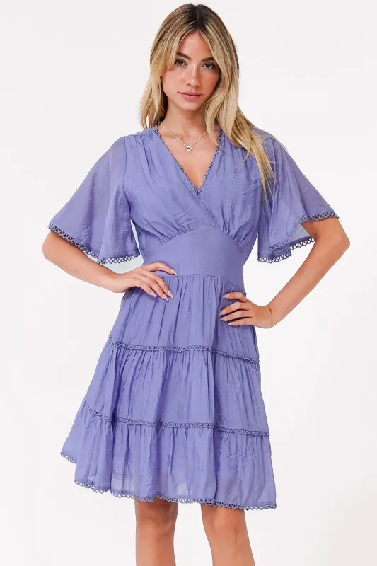 Nessie Mini Dress - Lace Trim Tiered Dress with Flutter Sleeves in Lilac sold by Salty Crush