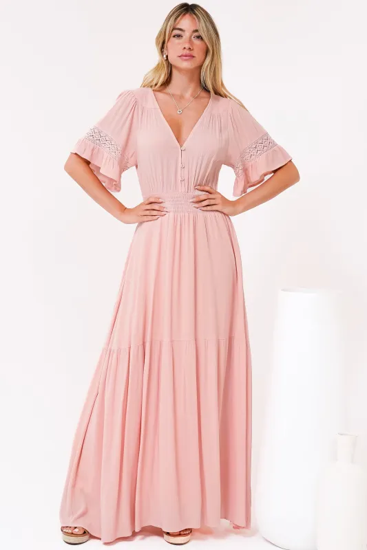 Alexandra Maxi Dress - Delicate Lace Detailed A-Line Dress with Short Sleeves in Blush sold by Salty Crush