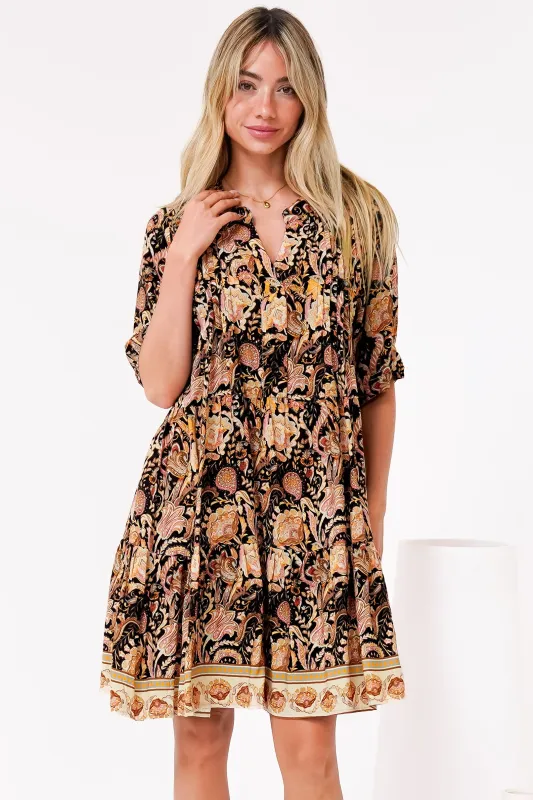Evie Mini Dress - 3/4 Sleeve Tiered Smock Dress in Pree Print Black sold by Salty Crush