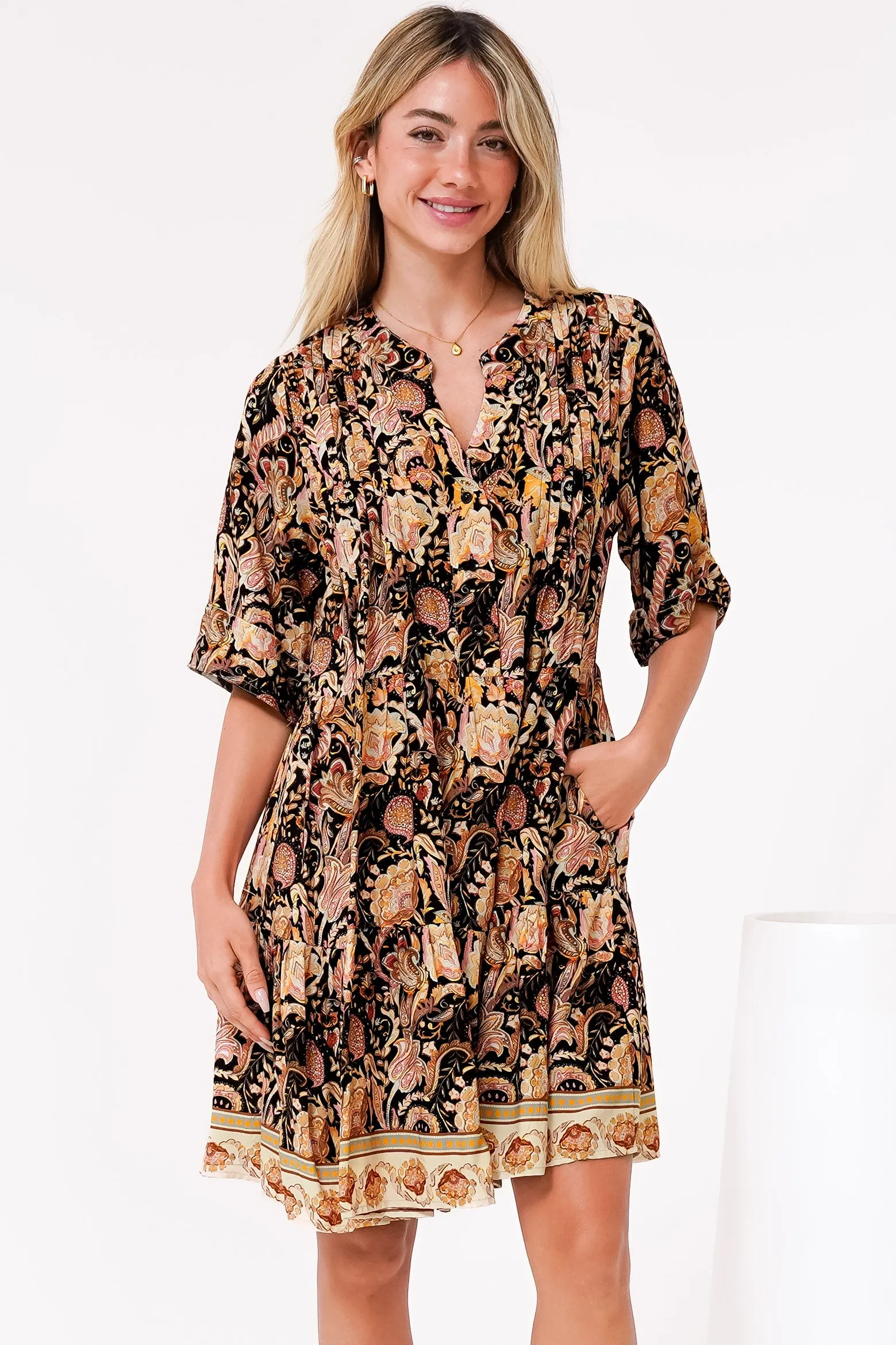 Evie Mini Dress - 3/4 Sleeve Tiered Smock Dress in Pree Print Black sold by Salty Crush product image thumbnail 2