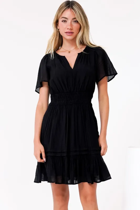 Payton Mini Dress - Pleat Detailed A-Line Dress with Cap Flutter Sleeves in Black sold by Salty Crush