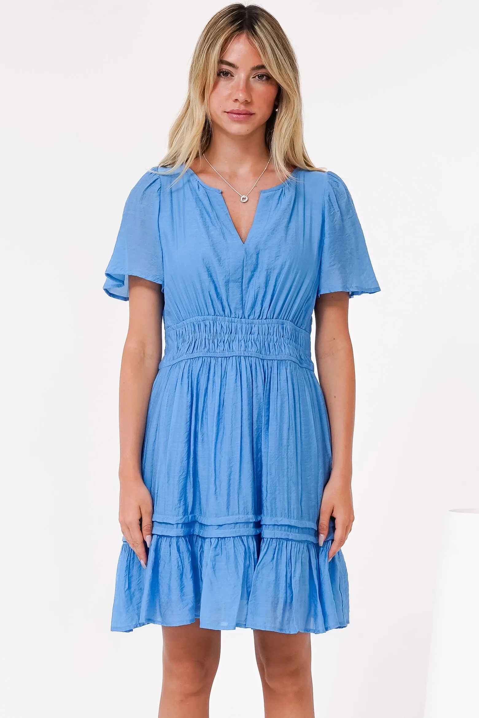 Payton Mini Dress - Pleat Detailed A-Line Dress with Cap Flutter Sleeves in Blue sold by Salty Crush product image thumbnail 5