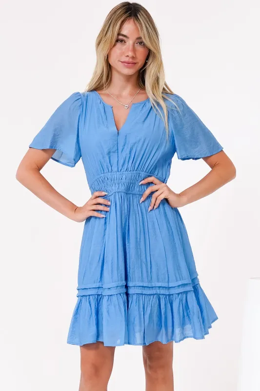 Payton Mini Dress - Pleat Detailed A-Line Dress with Cap Flutter Sleeves in Blue sold by Salty Crush