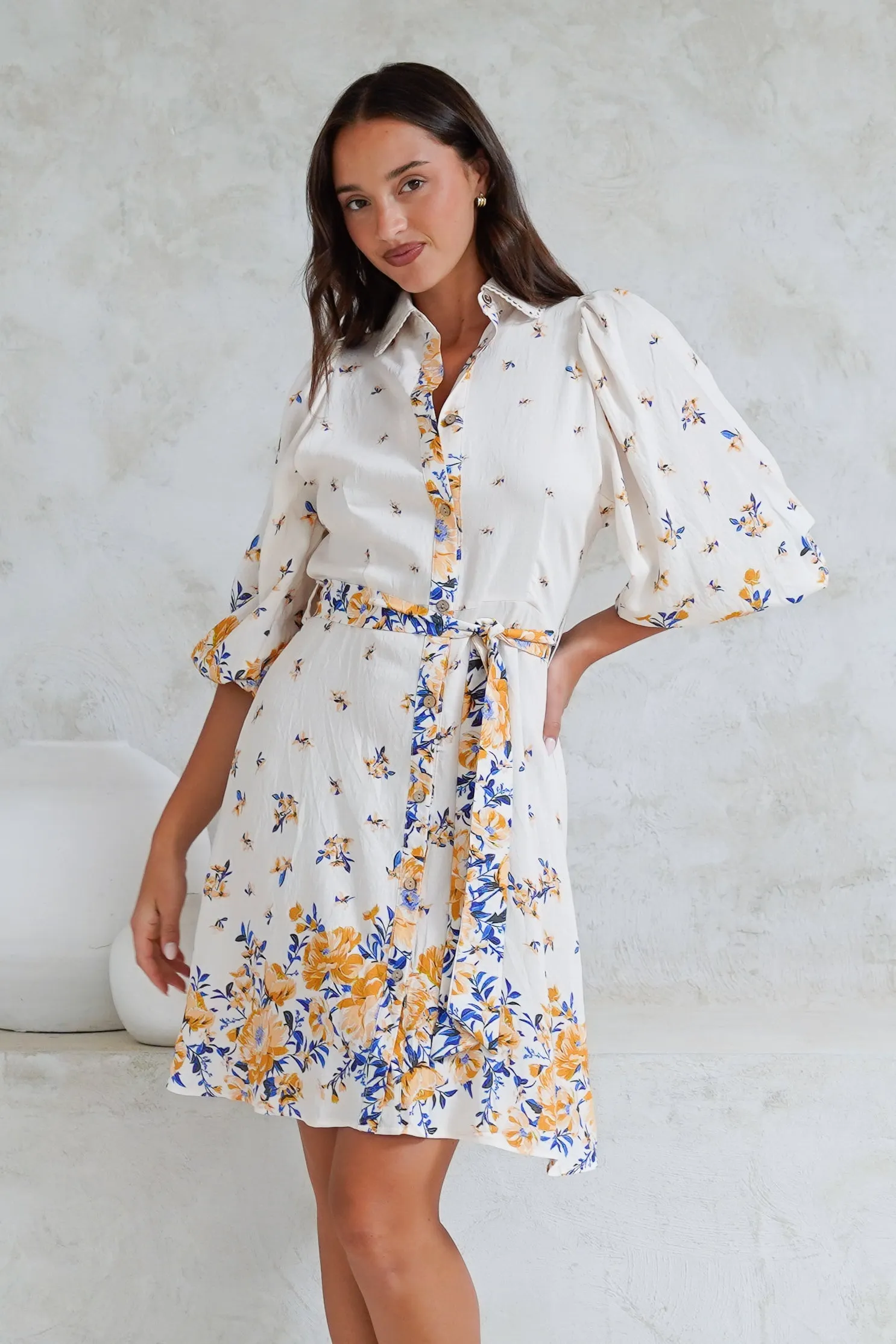 Francine Mini Dress - Collared Shirt Dress with Matching Belt in Huxton Print Blue sold by Salty Crush