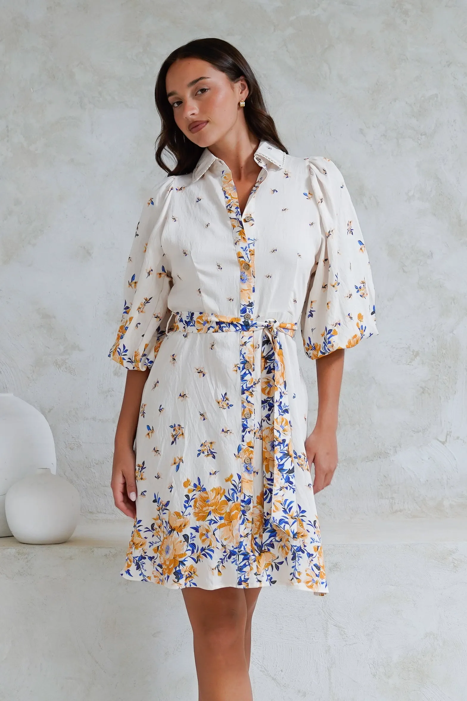 Francine Mini Dress - Collared Shirt Dress with Matching Belt in Huxton Print Blue sold by Salty Crush product image thumbnail 5