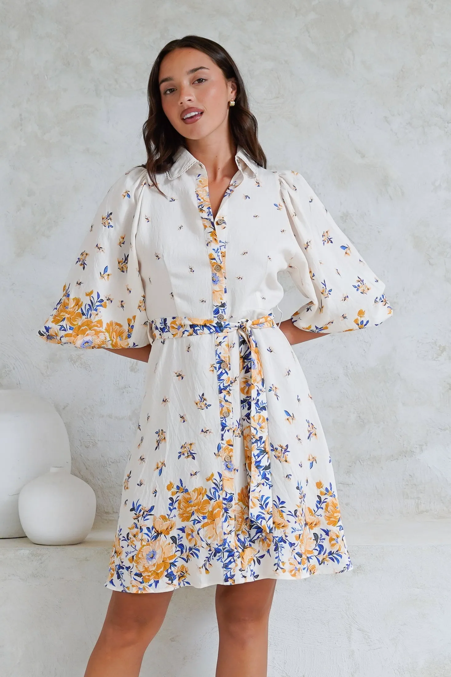 Francine Mini Dress - Collared Shirt Dress with Matching Belt in Huxton Print Blue sold by Salty Crush product image thumbnail 3