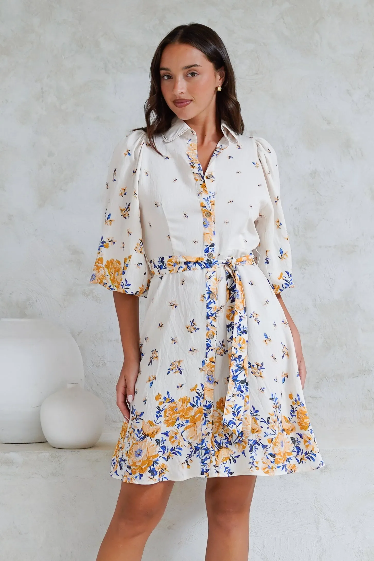 Francine Mini Dress - Collared Shirt Dress with Matching Belt in Huxton Print Blue sold by Salty Crush product image thumbnail 2