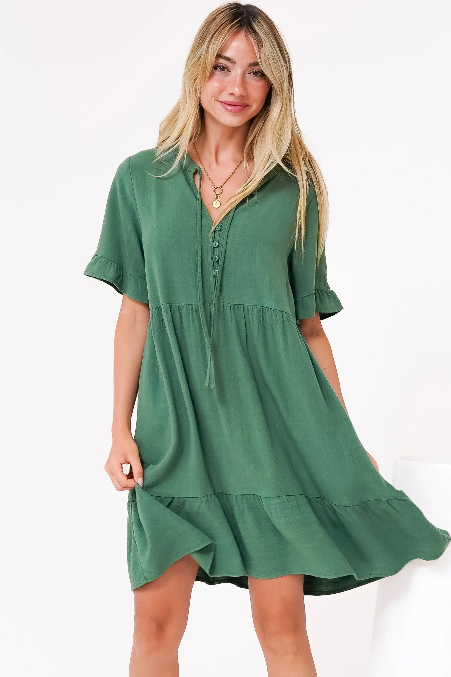 Madalena Mini Dress - Mandarin Collar Buttoned Bodice Smock Dress in Green sold by Salty Crush product image thumbnail 4