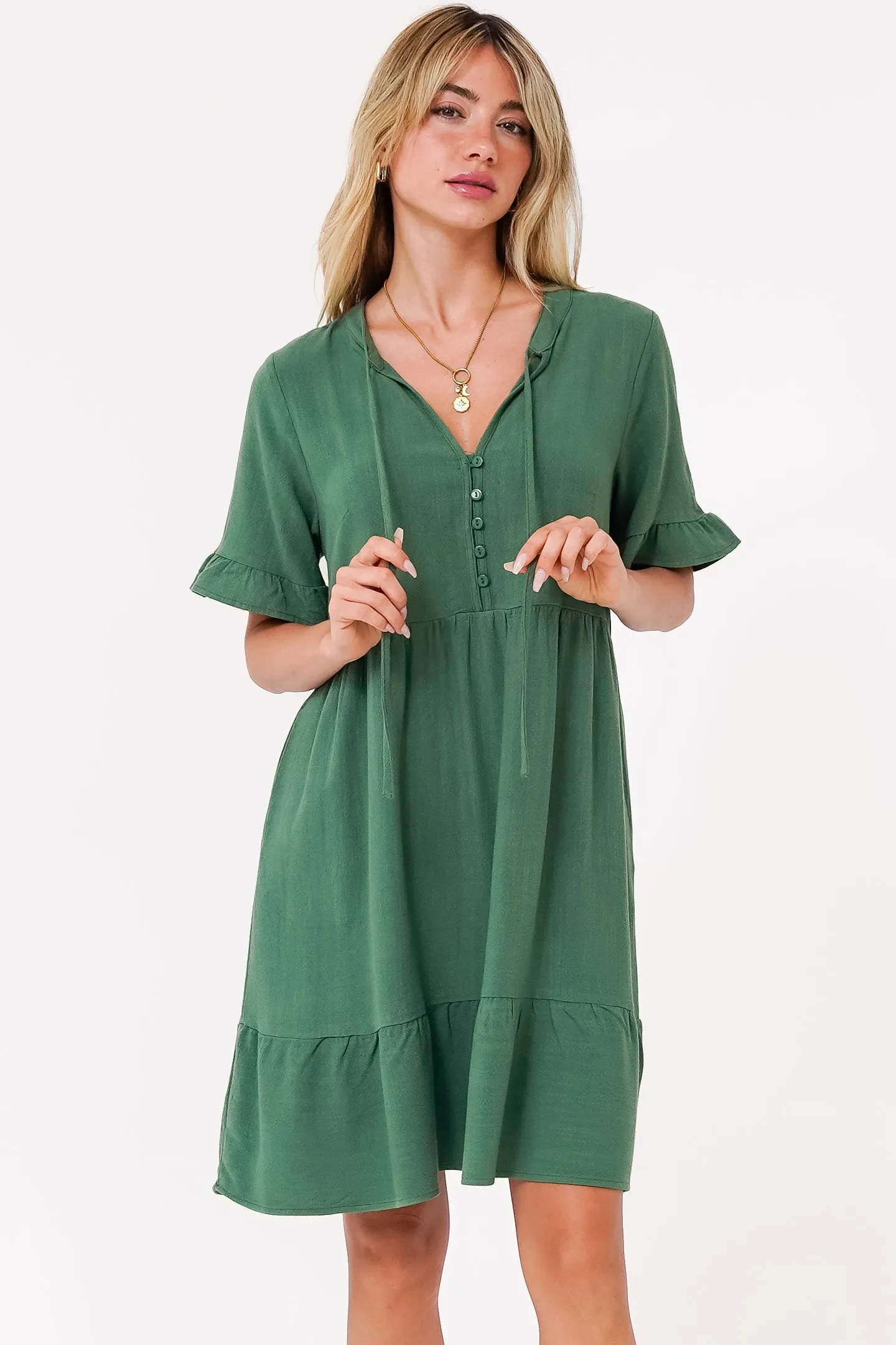 Madalena Mini Dress - Mandarin Collar Buttoned Bodice Smock Dress in Green sold by Salty Crush product image thumbnail 5