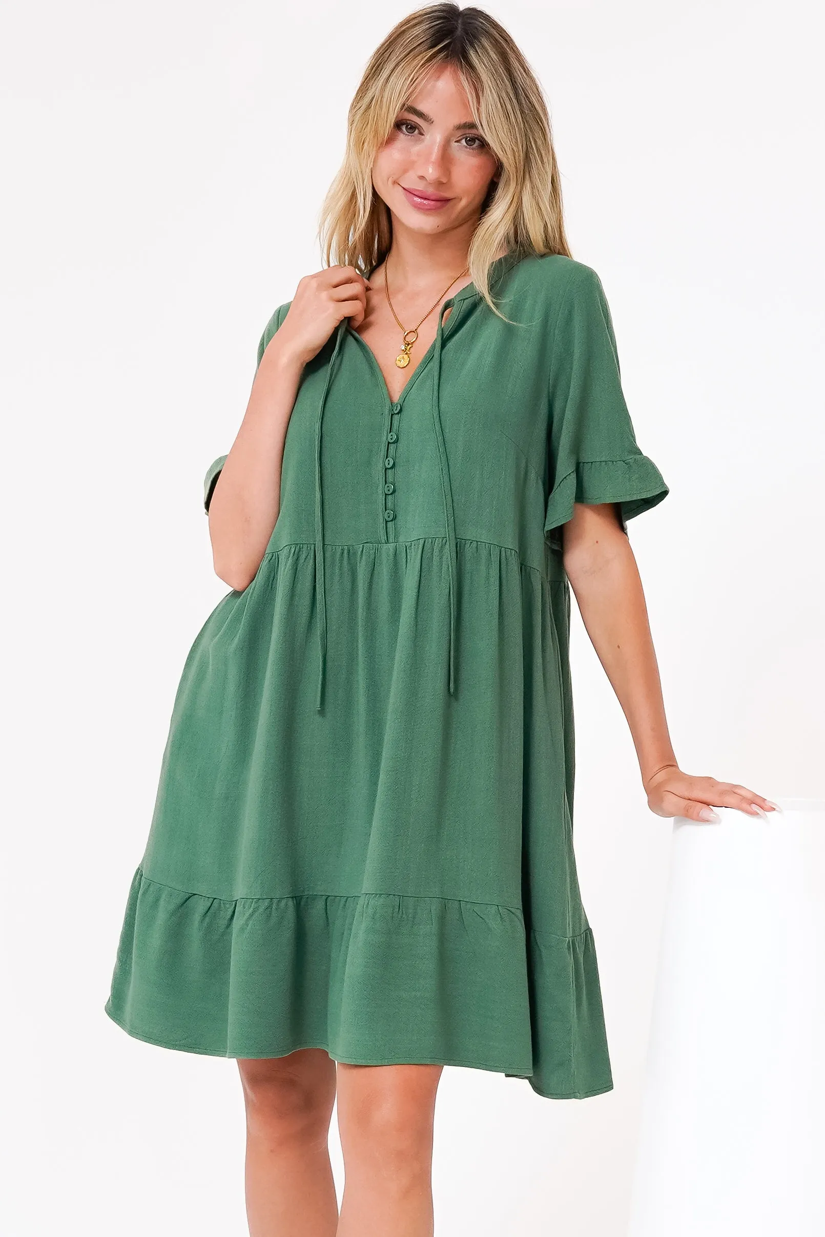 Madalena Mini Dress - Mandarin Collar Buttoned Bodice Smock Dress in Green sold by Salty Crush product image thumbnail 2