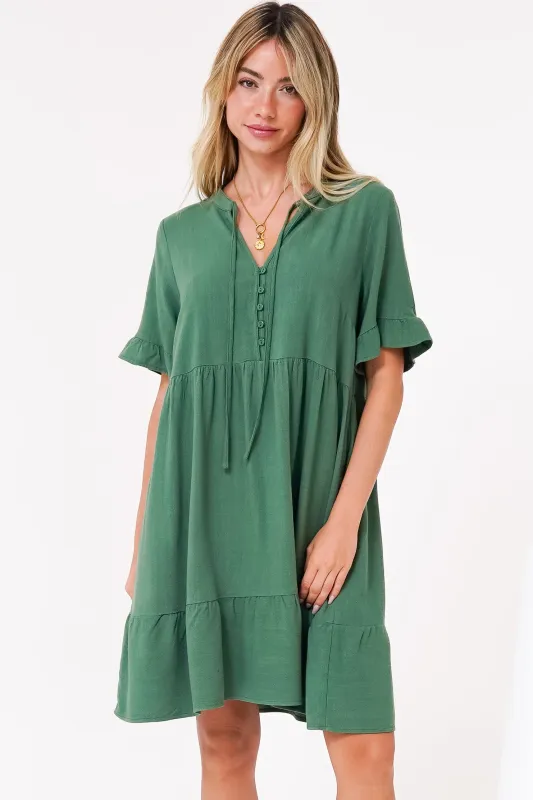 Madalena Mini Dress - Mandarin Collar Buttoned Bodice Smock Dress in Green sold by Salty Crush