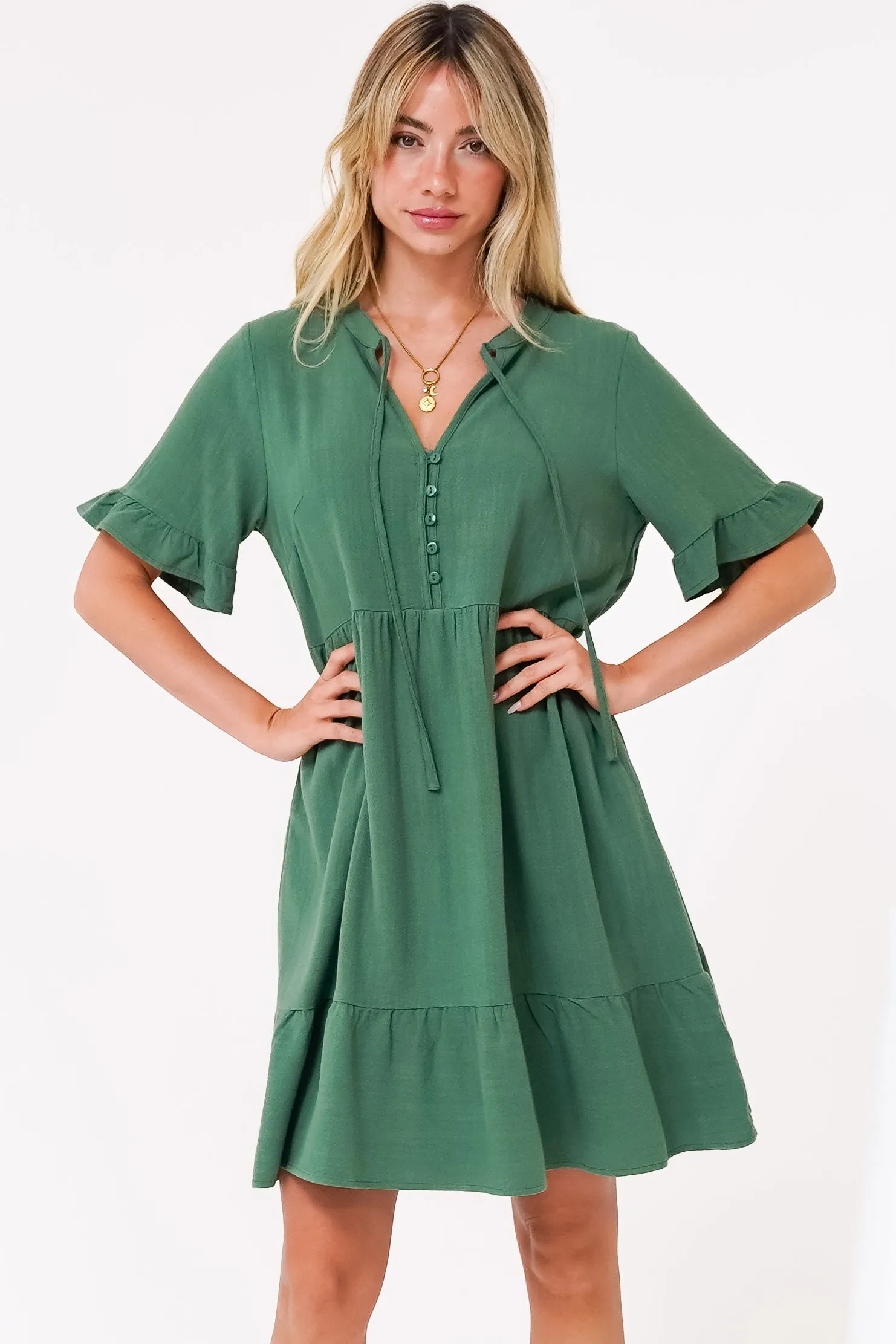 Madalena Mini Dress - Mandarin Collar Buttoned Bodice Smock Dress in Green sold by Salty Crush product image thumbnail 3