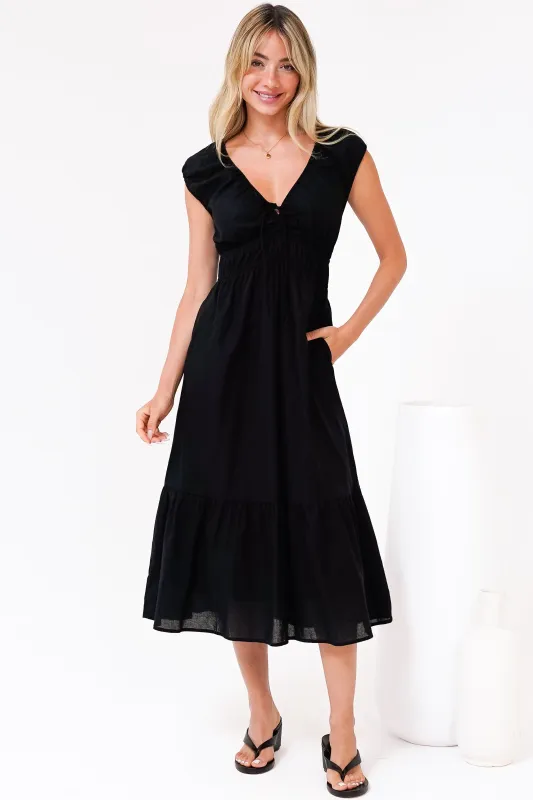 Miramar Midi Dress - V-Neck Gathered Bust Cap Sleeve Dress with Pockets in Black sold by Salty Crush