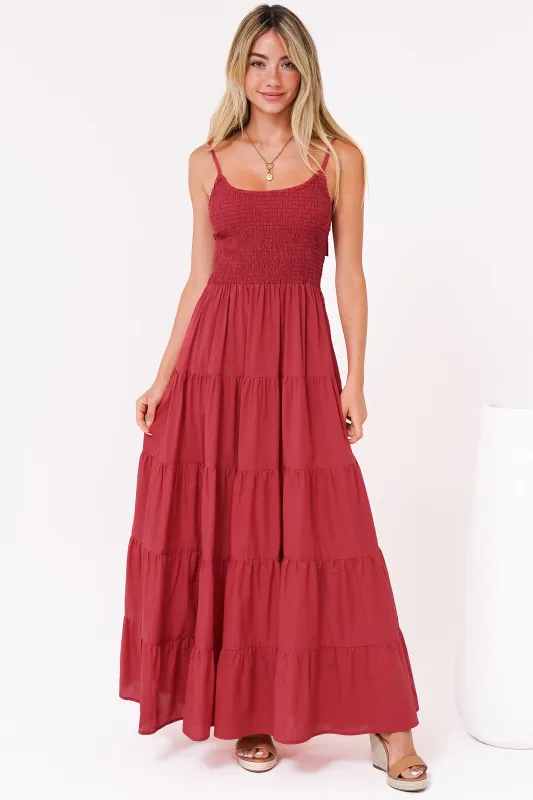 Nessa Maxi Dress - Tie Up Strap Tiered Sun Dress in Red sold by Salty Crush