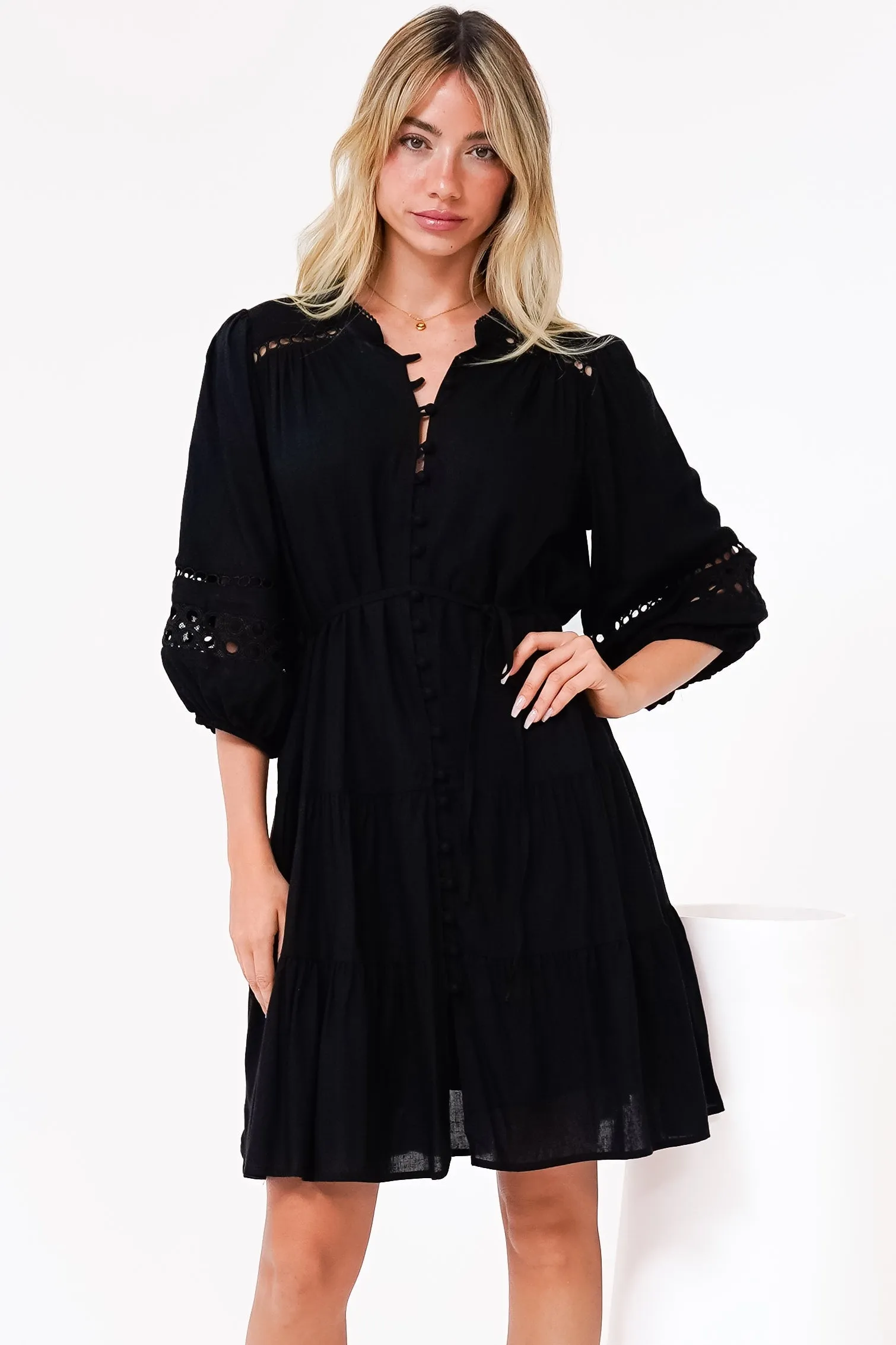 Alyce Mini Dress - Button Down Dress with Cut Out Detailed Sleeves and Matching Belt in Black sold by Salty Crush