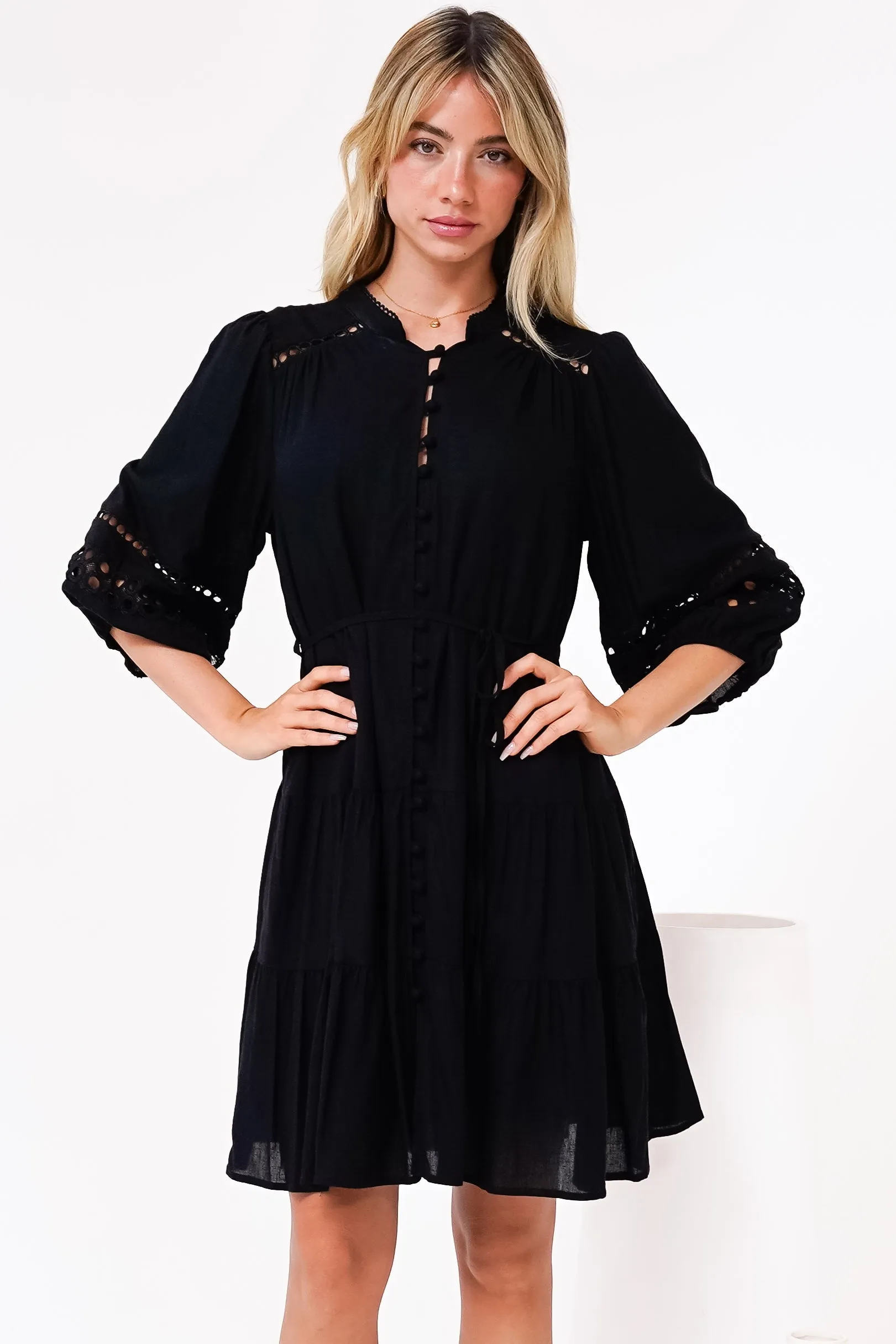Alyce Mini Dress - Button Down Dress with Cut Out Detailed Sleeves and Matching Belt in Black sold by Salty Crush product image thumbnail 5