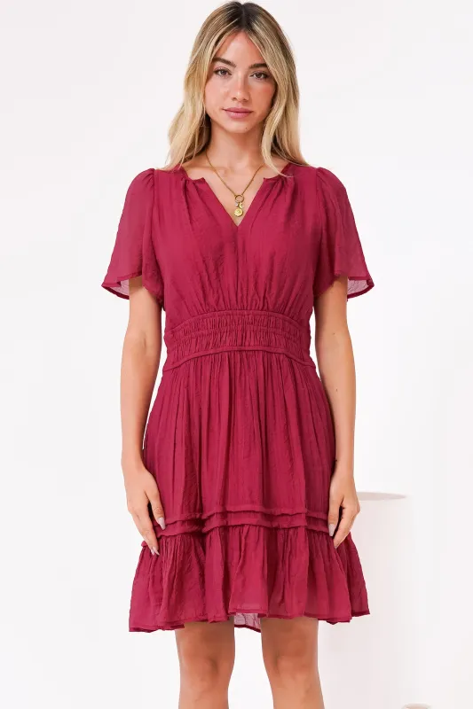 Payton Mini Dress - Pleat Detailed A-Line Dress with Cap Flutter Sleeves in Cherry Red sold by Salty Crush