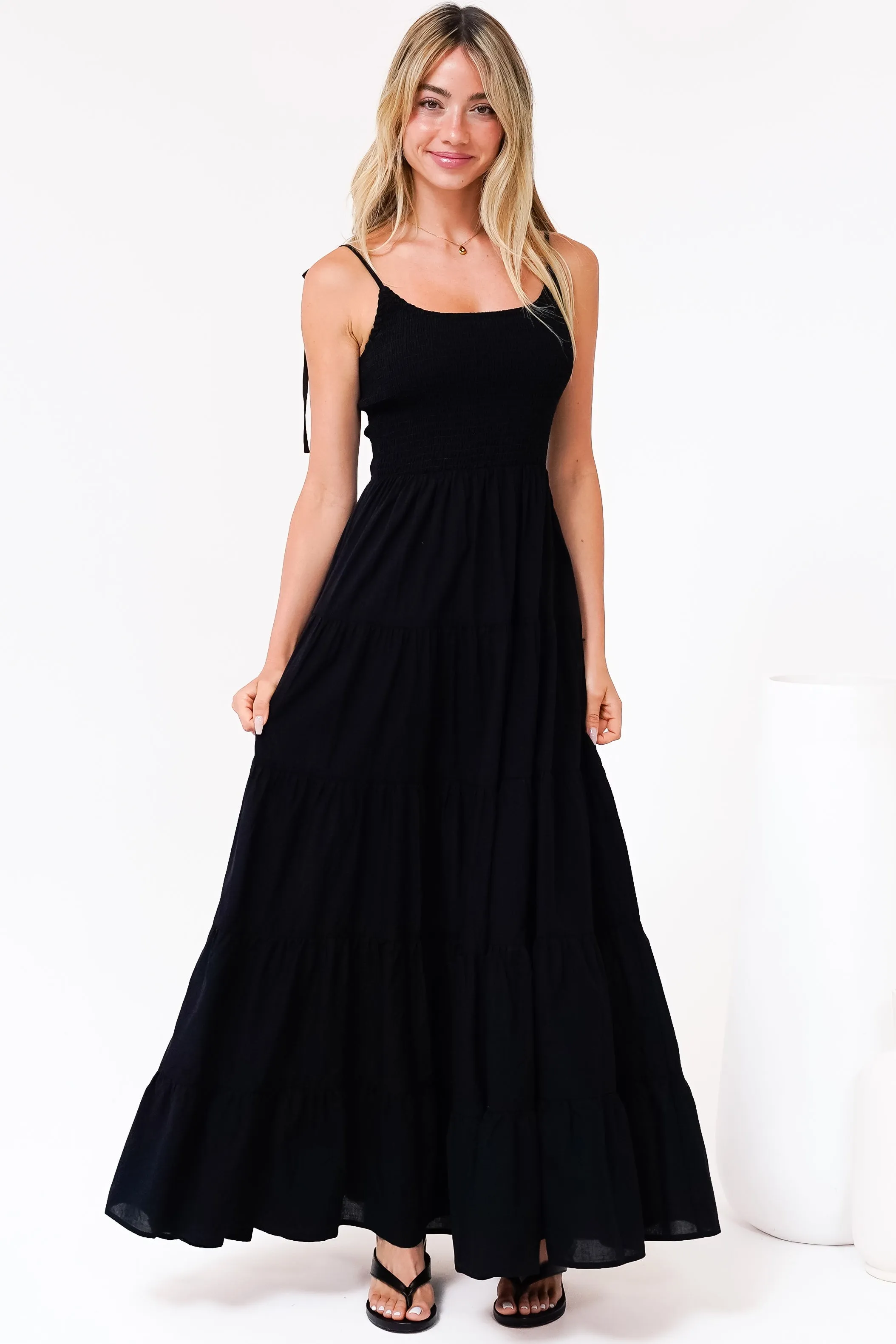 Nessa Maxi Dress - Tie Up Strap Tiered Sun Dress in Black sold by Salty Crush product image thumbnail 3