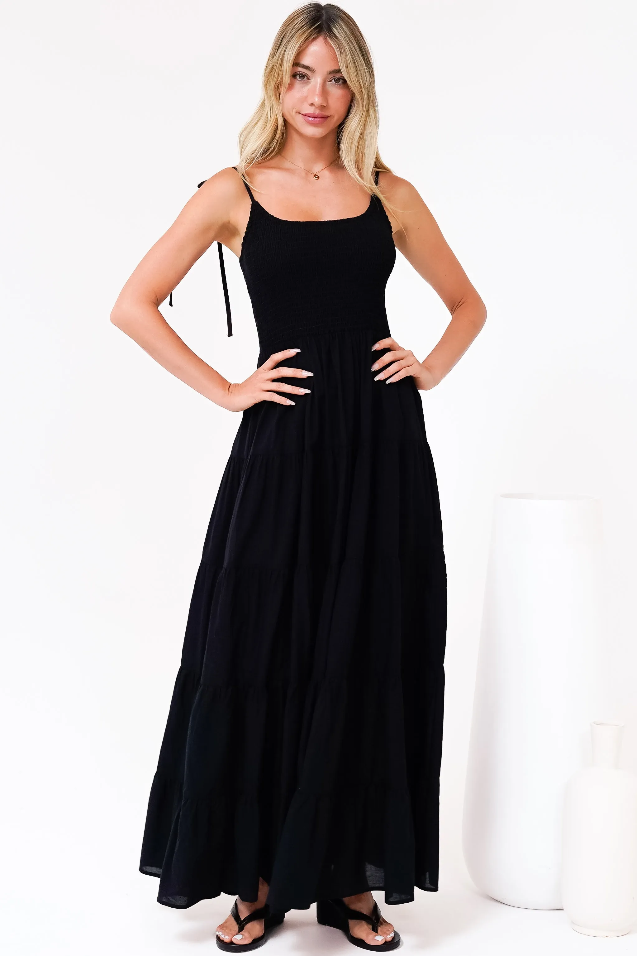 Nessa Maxi Dress - Tie Up Strap Tiered Sun Dress in Black sold by Salty Crush product image thumbnail 2