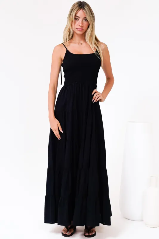 Nessa Maxi Dress - Tie Up Strap Tiered Sun Dress in Black sold by Salty Crush