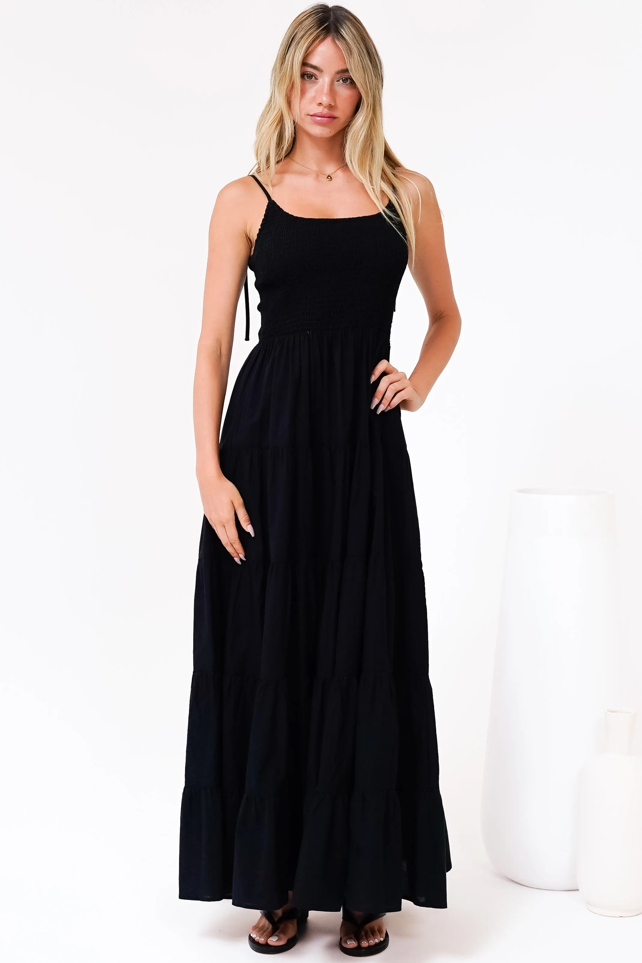 Nessa Maxi Dress - Tie Up Strap Tiered Sun Dress in Black sold by Salty Crush