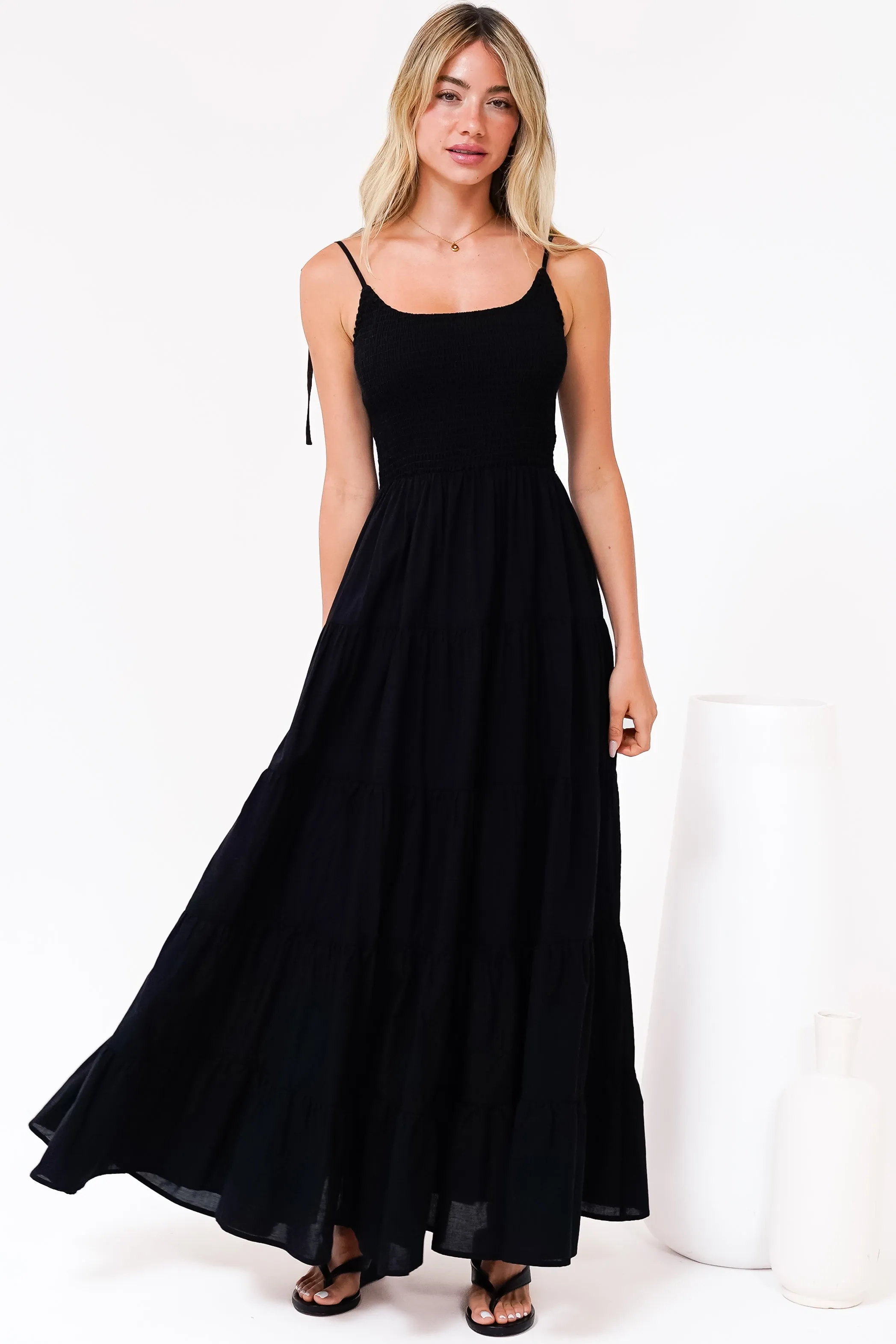 Nessa Maxi Dress - Tie Up Strap Tiered Sun Dress in Black sold by Salty Crush product image thumbnail 4