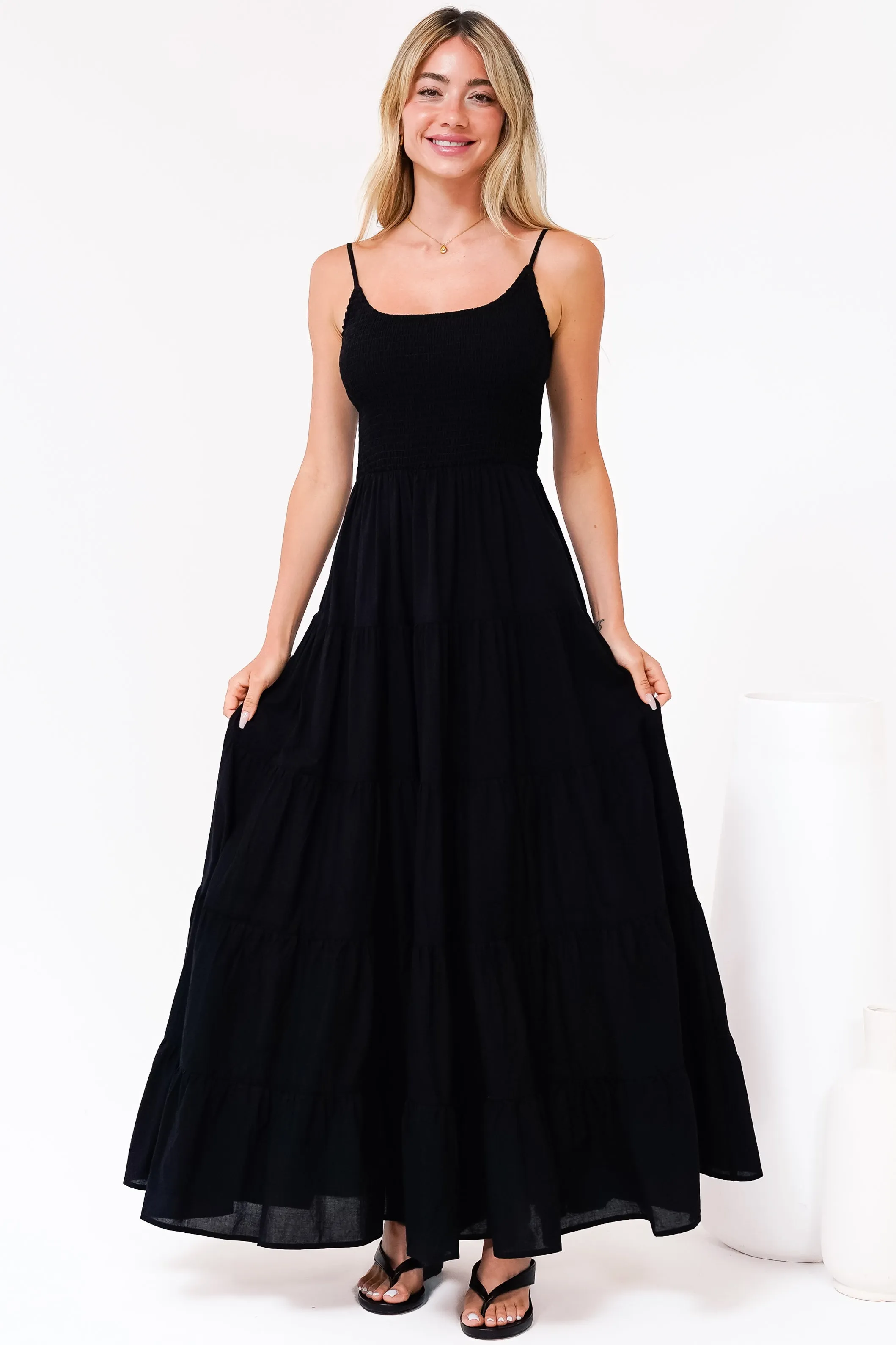 Nessa Maxi Dress - Tie Up Strap Tiered Sun Dress in Black sold by Salty Crush product image thumbnail 5
