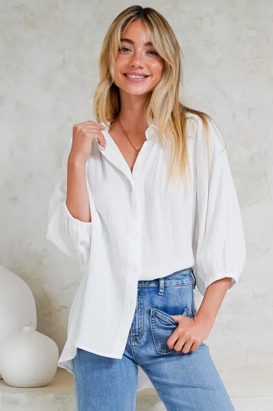 Samsara Shirt - Collared Oversized Button Down with Balloon Sleeves in White sold by Salty Crush