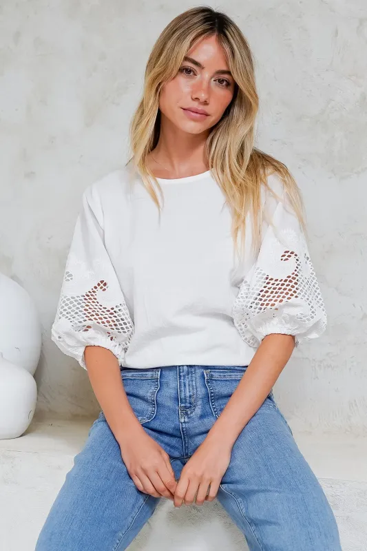 Polly Top - Round Neck Relaxed Top with Cut Out Detailed Balloon Sleeves in White sold by Salty Crush