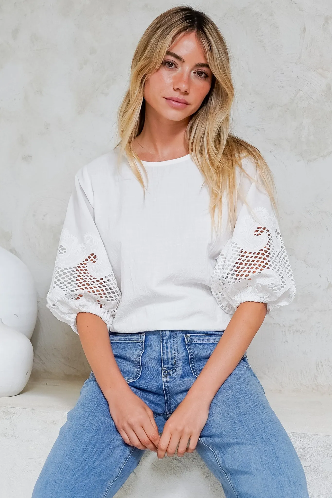 Polly Top - Round Neck Relaxed Top with Cut Out Detailed Balloon Sleeves in White sold by Salty Crush