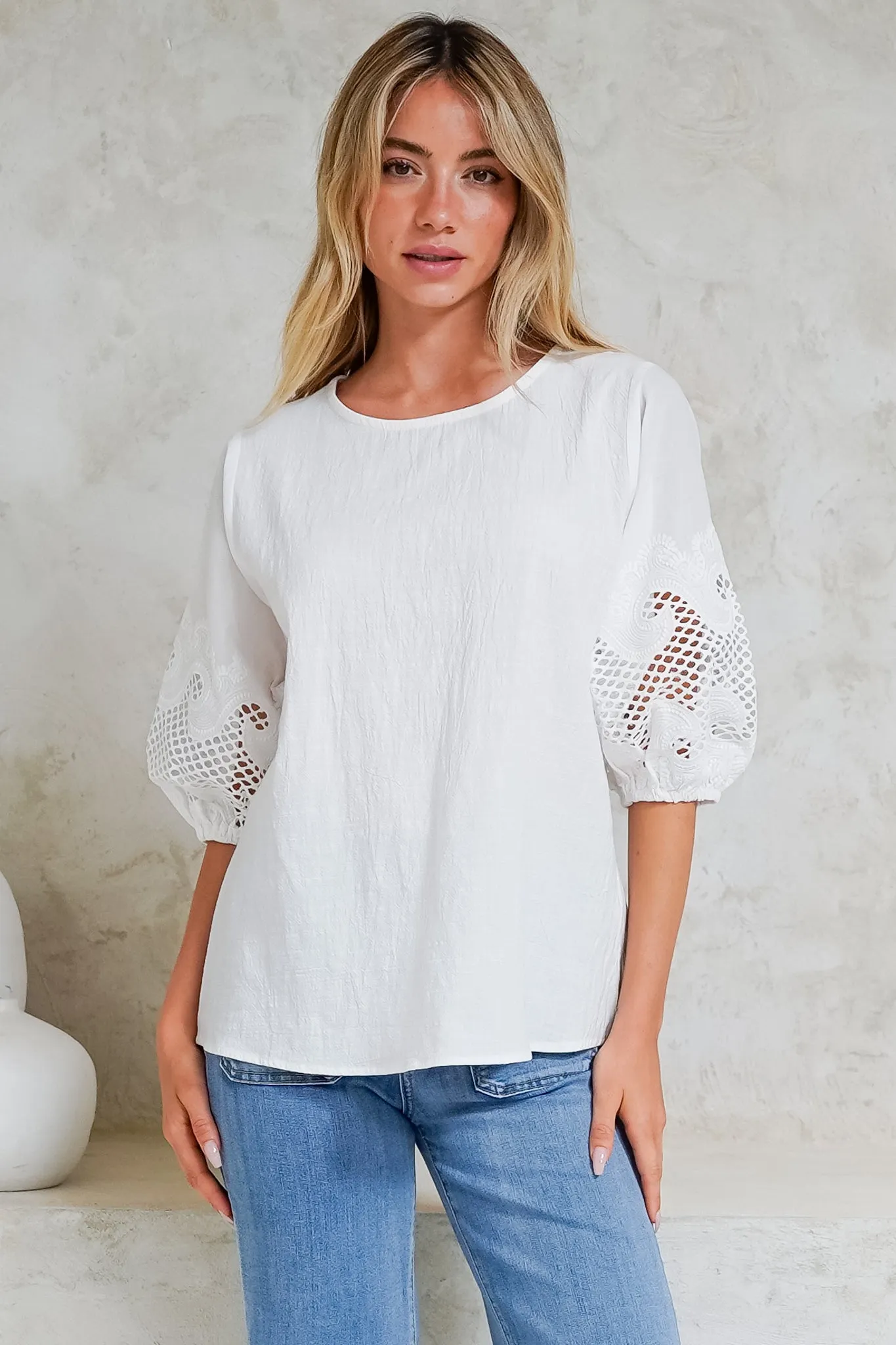 Polly Top - Round Neck Relaxed Top with Cut Out Detailed Balloon Sleeves in White sold by Salty Crush product image thumbnail 5